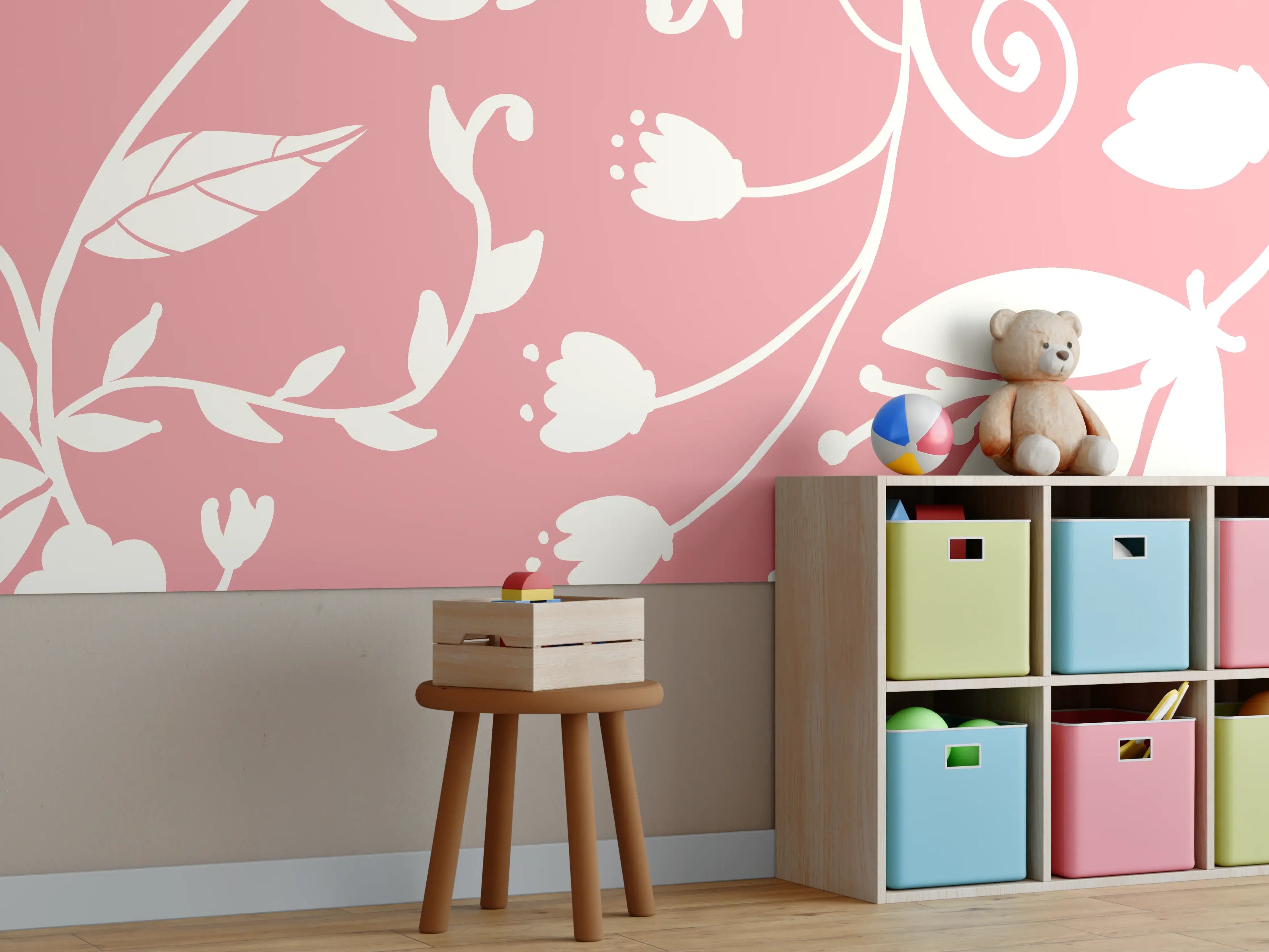 Kinderzimmer Wandgestaltung - Rosa Blütenmuster Wanddesign