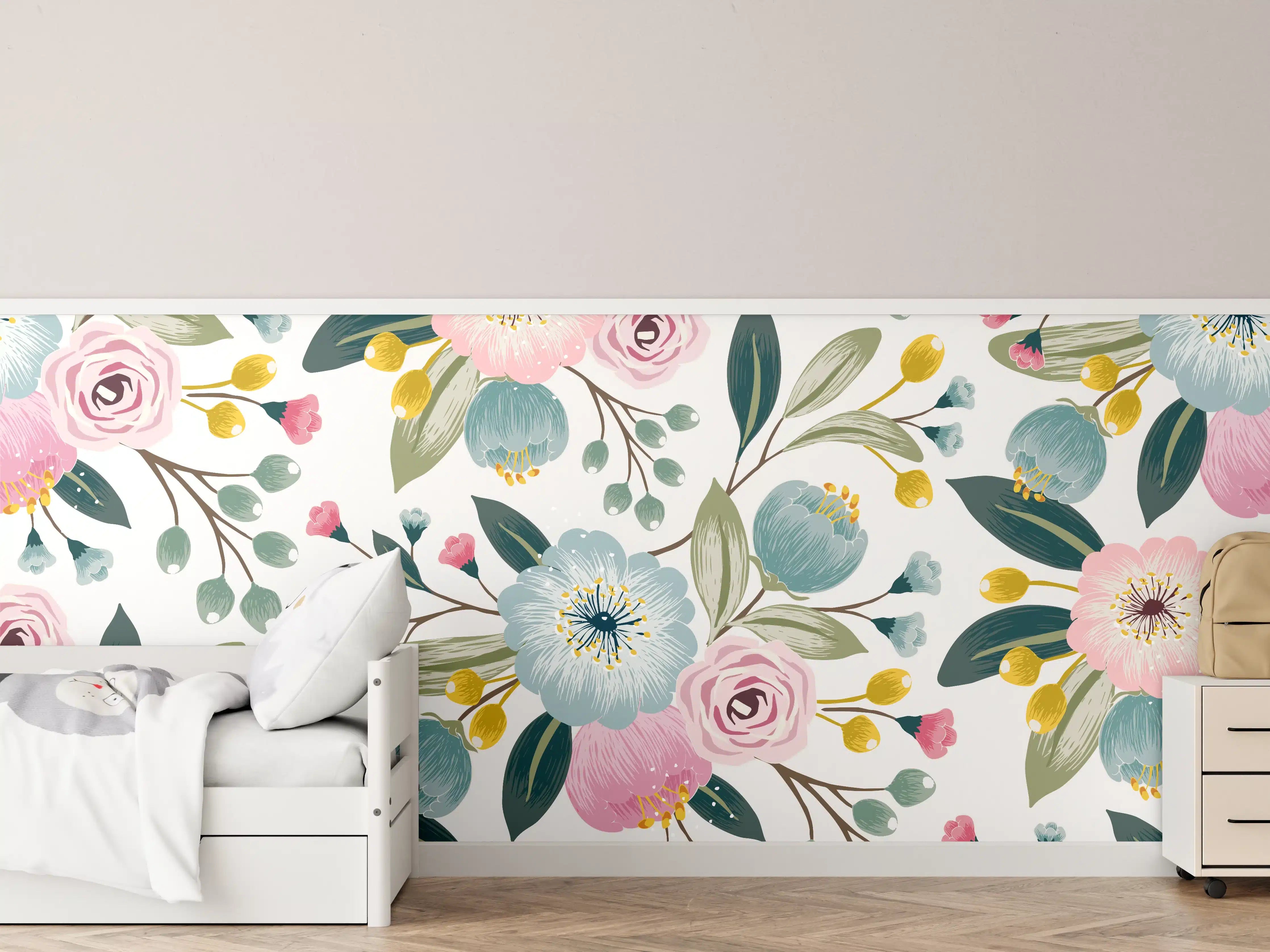 Kinderzimmer Wandgestaltung - Rosa Blumenmuster Tapete