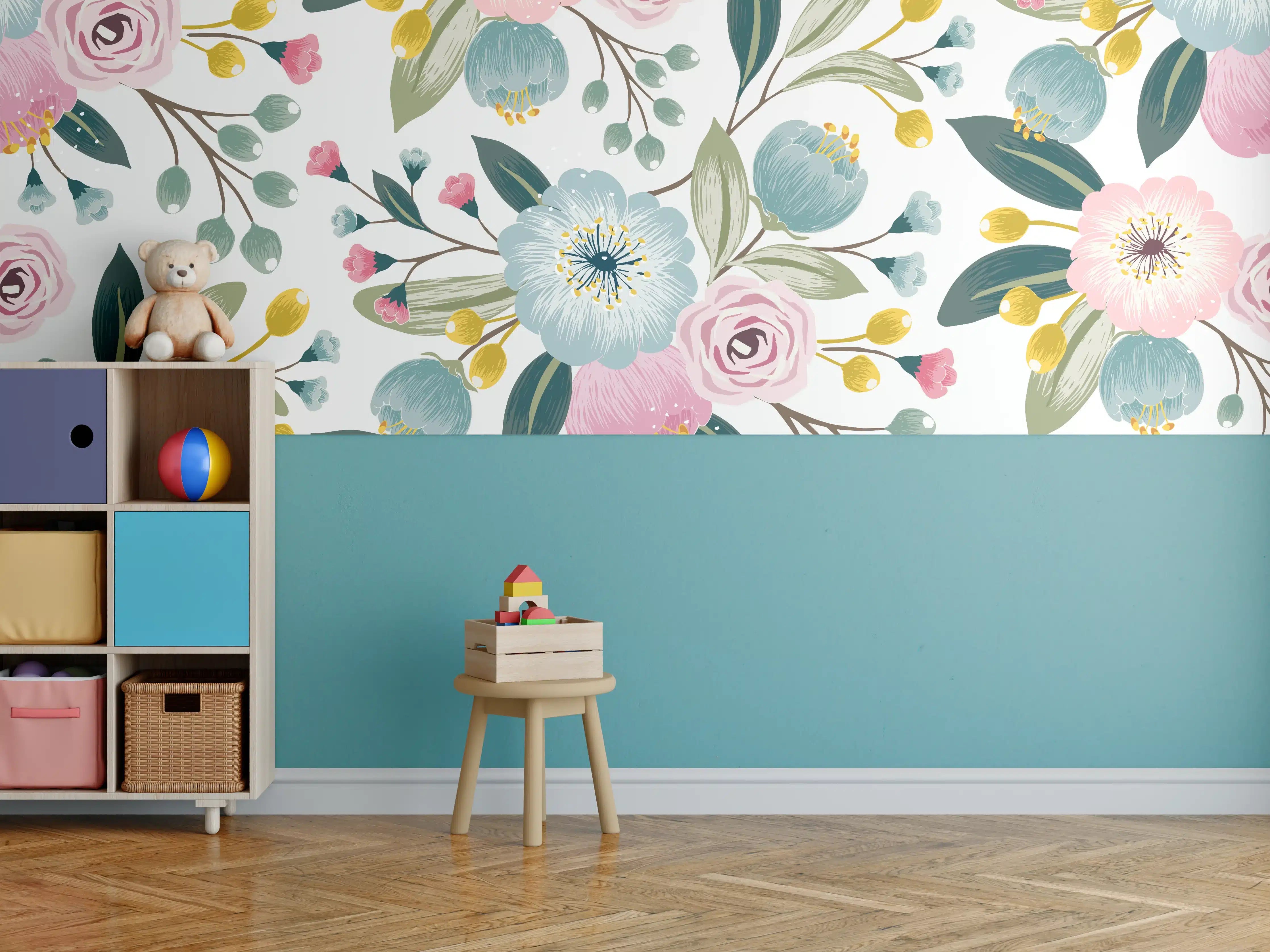 Kinderzimmer Wandgestaltung - Rosa Blumenmuster Tapete