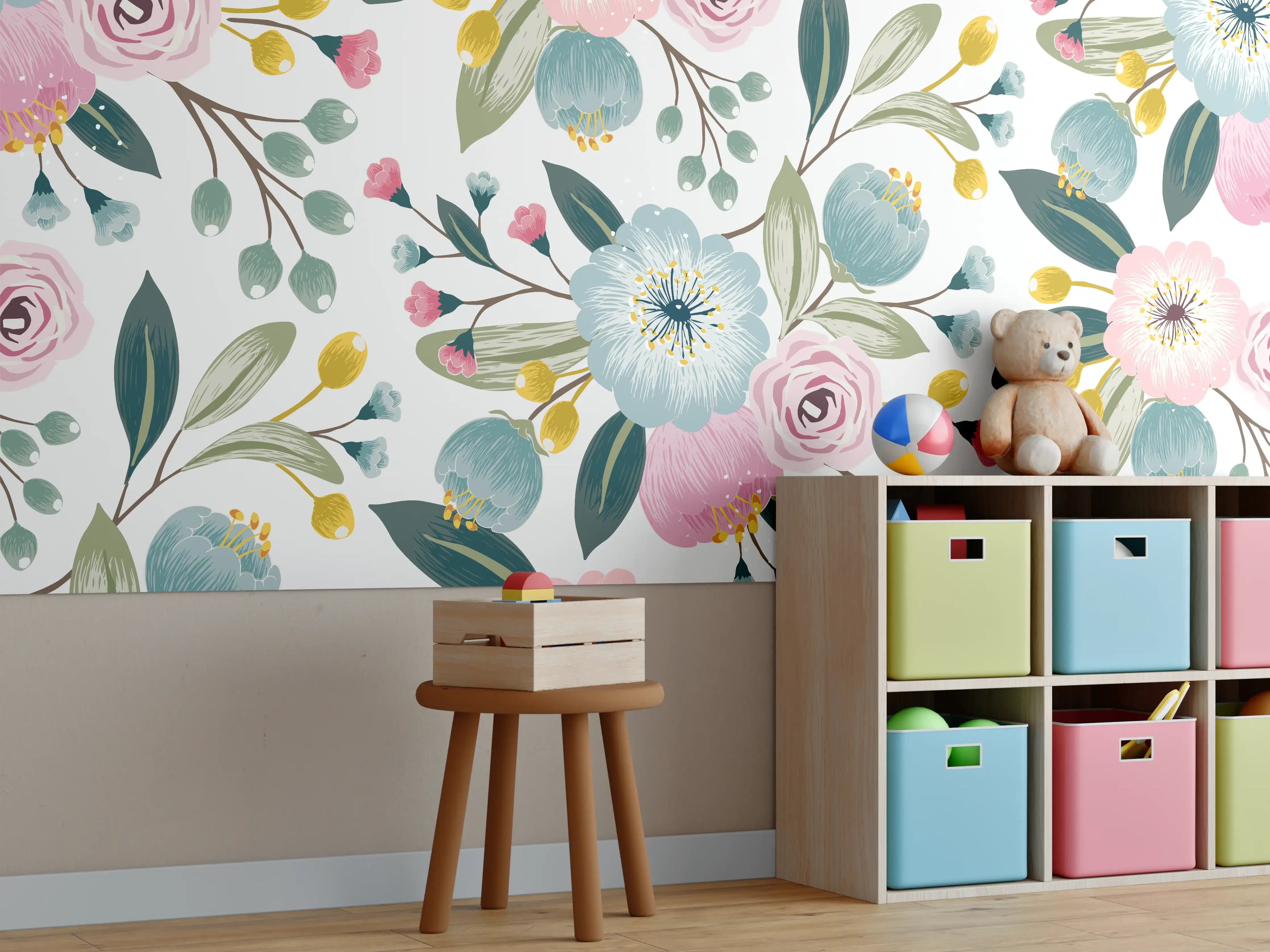 Kinderzimmer Wandgestaltung - Rosa Blumenmuster Tapete