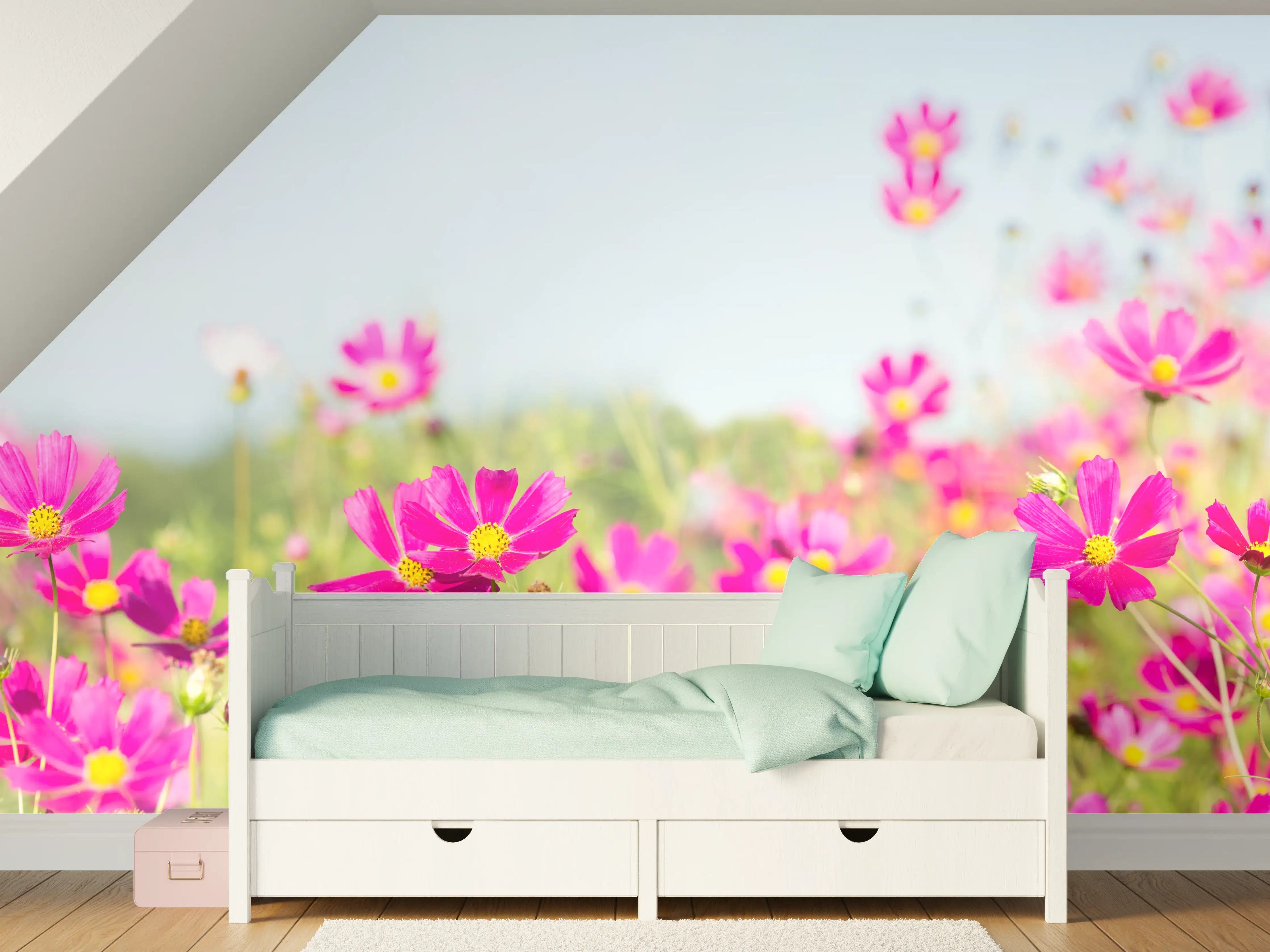 Kinderzimmer Wandgestaltung - Rosa Blumenwiese Panorama