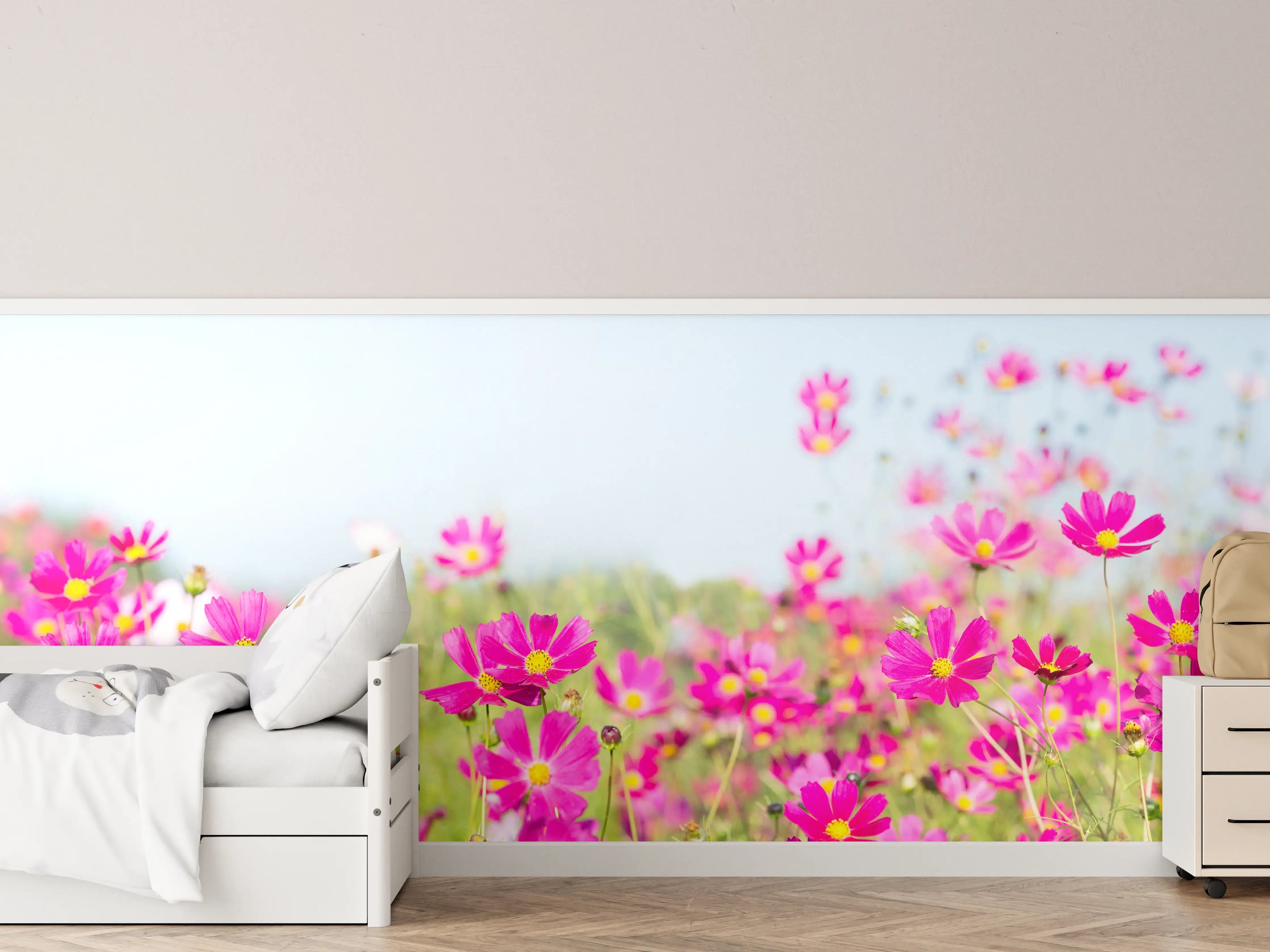 Kinderzimmer Wandgestaltung - Rosa Blumenwiese Panorama