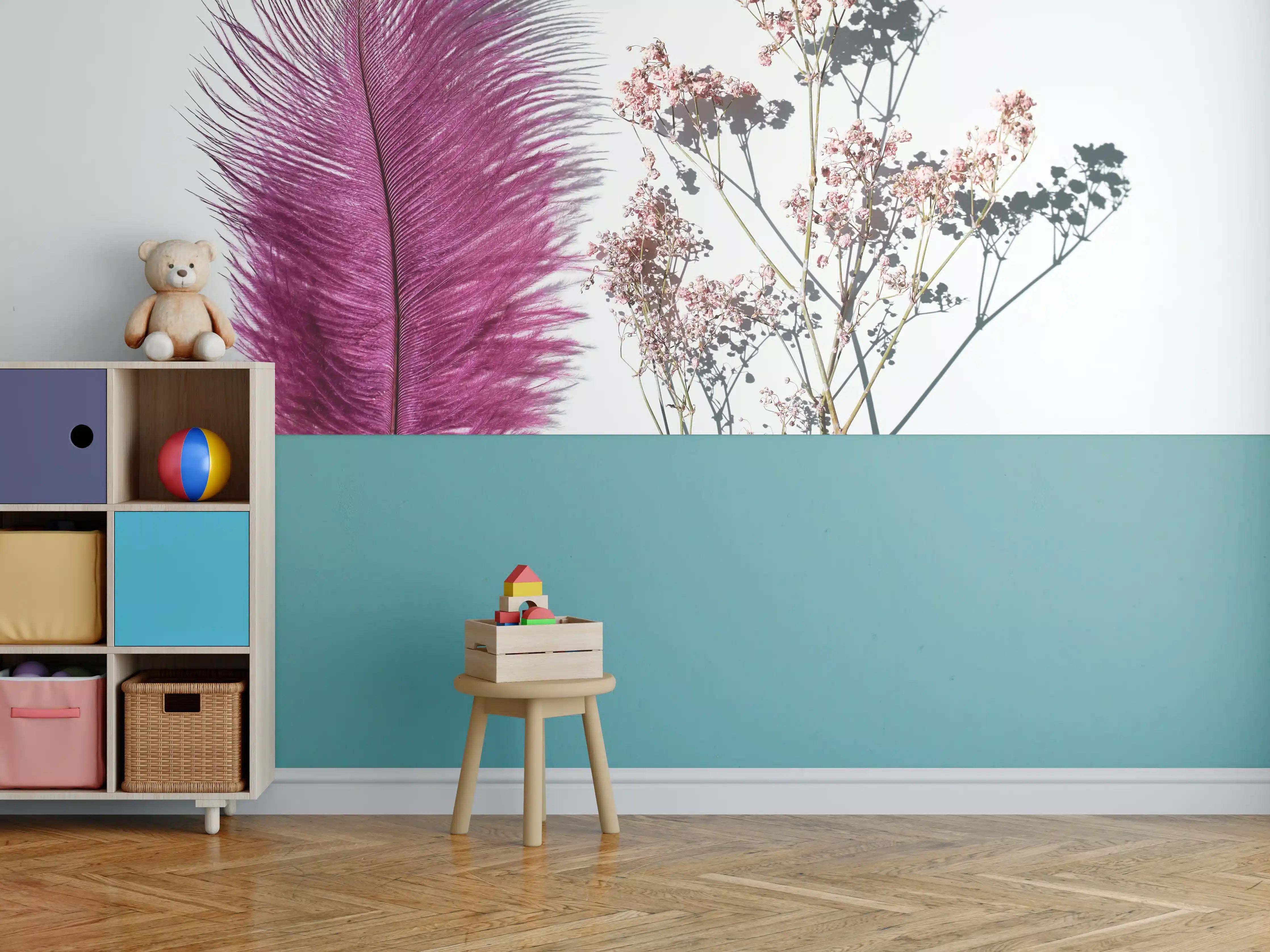 Kinderzimmer Wandgestaltung - Rosa Feder und Trockenblumen
