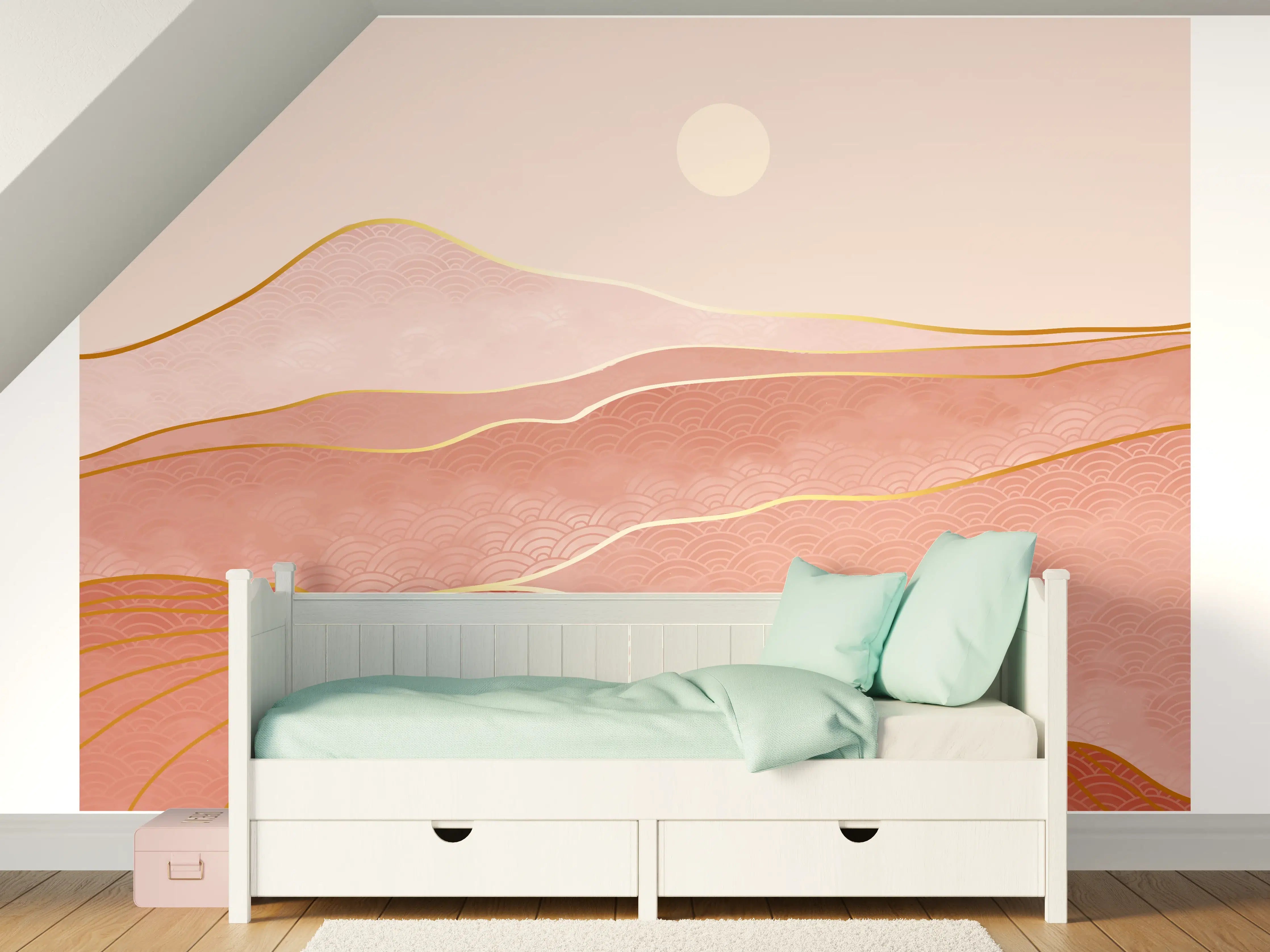 Kinderzimmer Wandgestaltung - Rosa-Hügellandschaft bei Sonnenuntergang