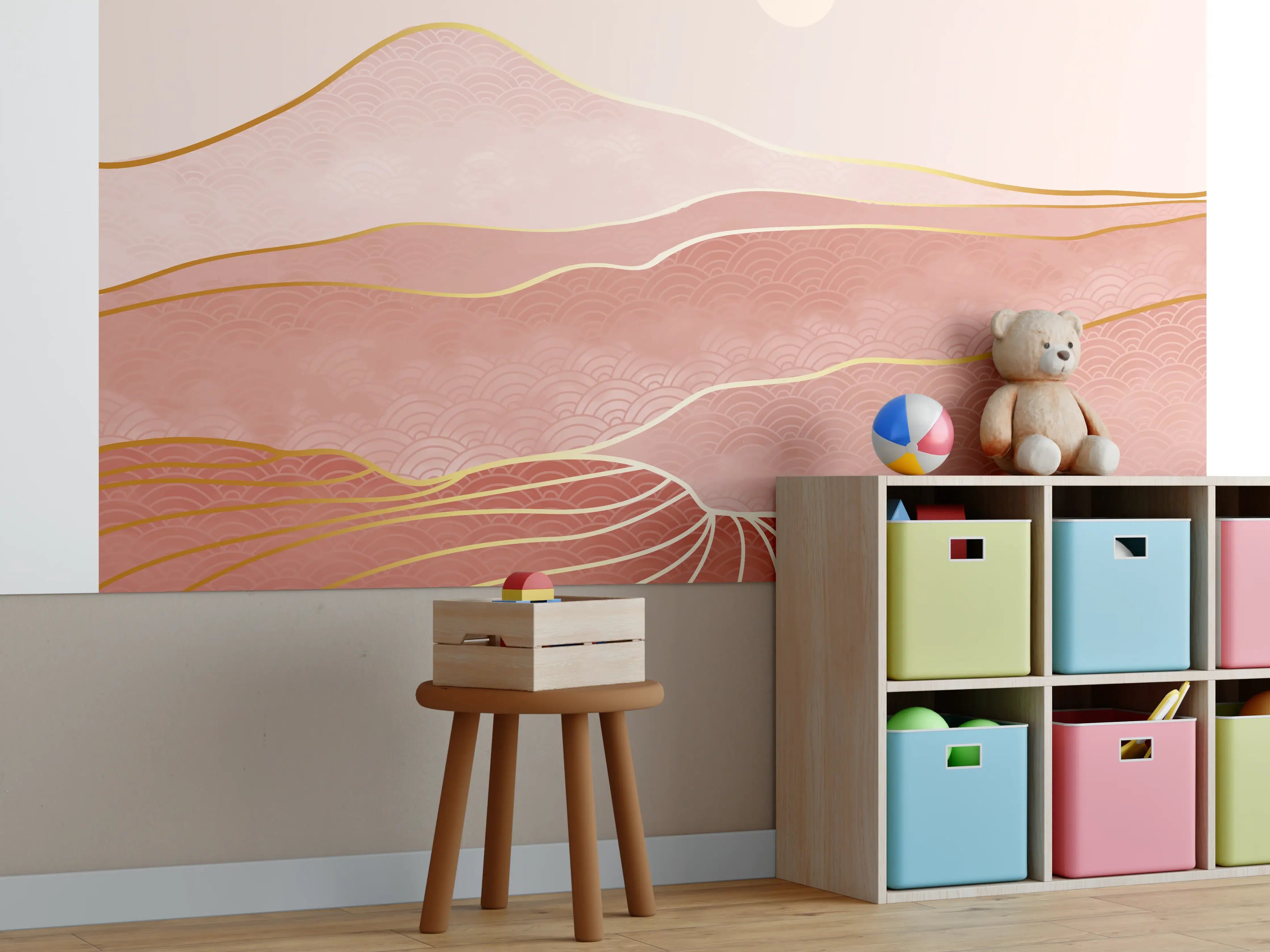 Kinderzimmer Wandgestaltung - Rosa-Hügellandschaft bei Sonnenuntergang
