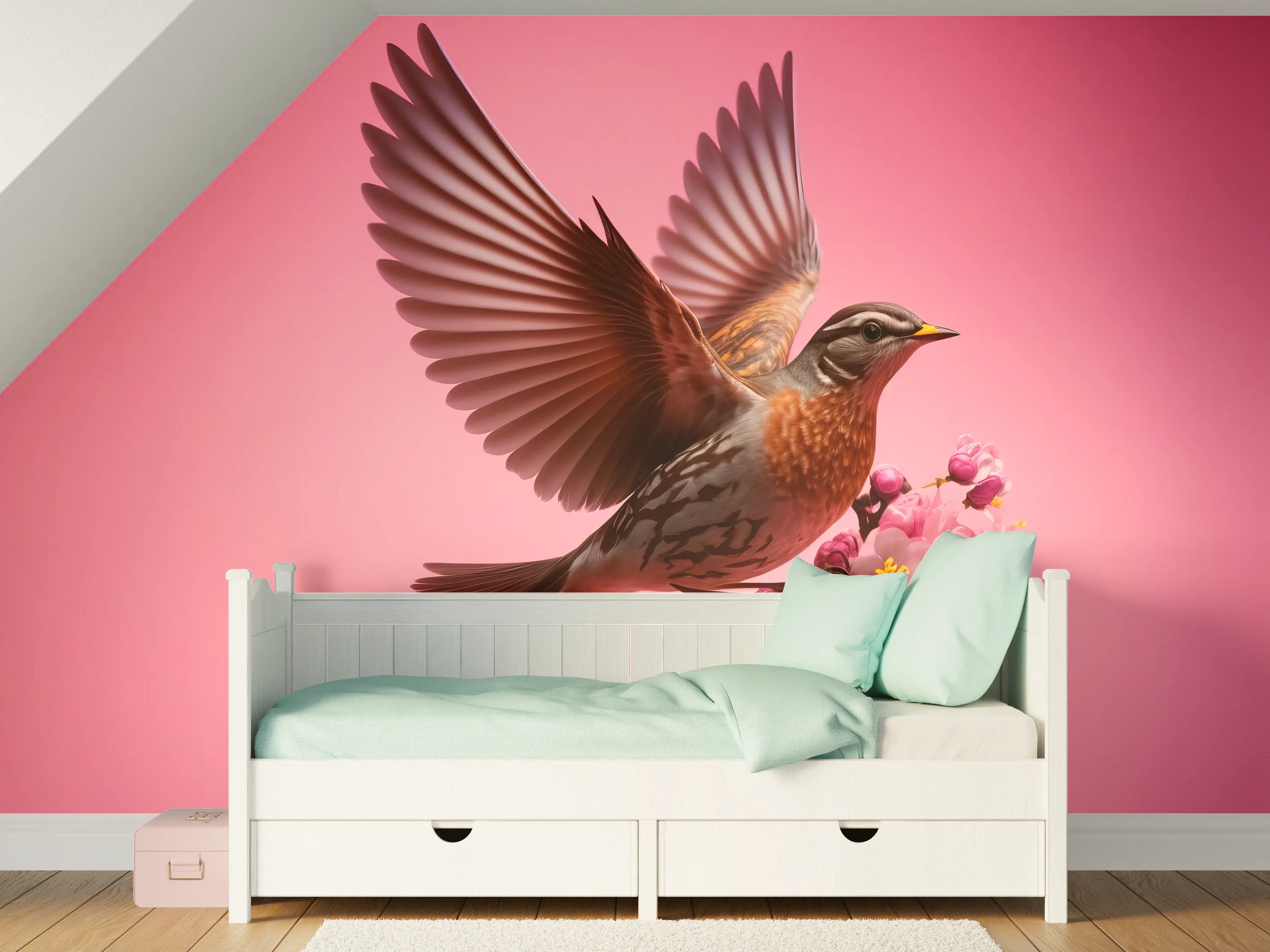 Kinderzimmer Wandgestaltung - Rosa Kirschblüten Vogelflug
