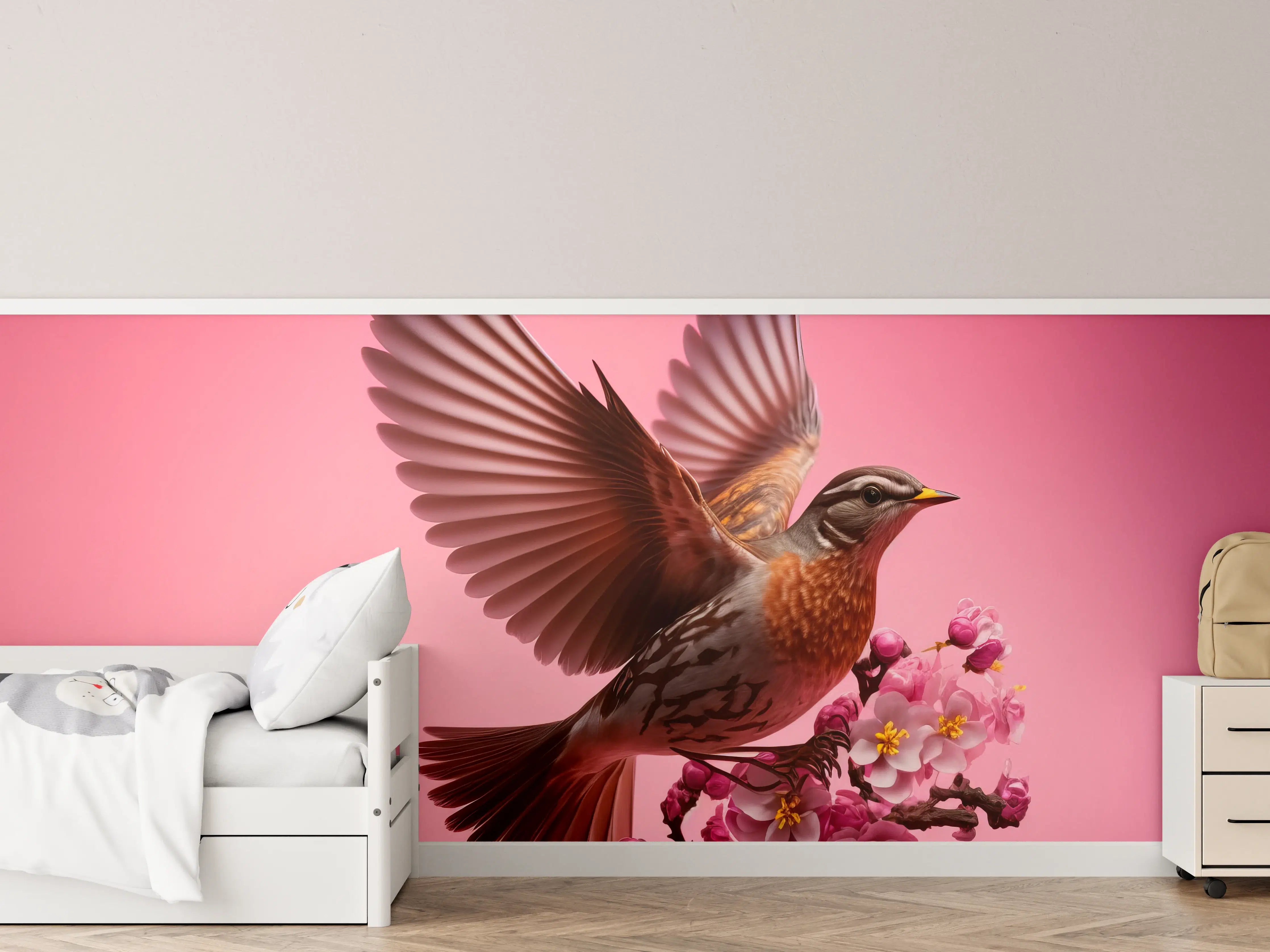 Kinderzimmer Wandgestaltung - Rosa Kirschblüten Vogelflug