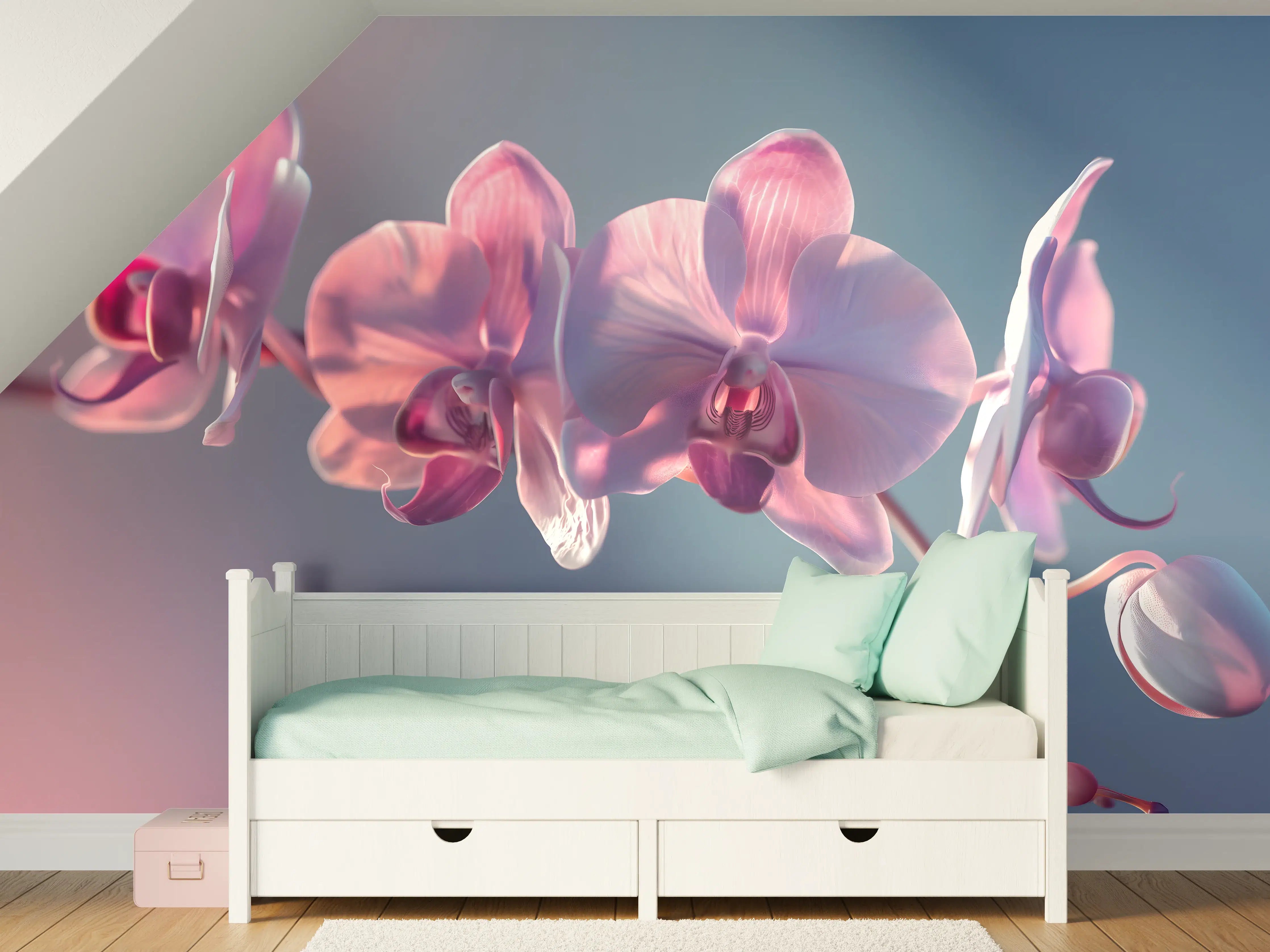 Kinderzimmer Wandgestaltung - Rosa Orchideen auf Blau