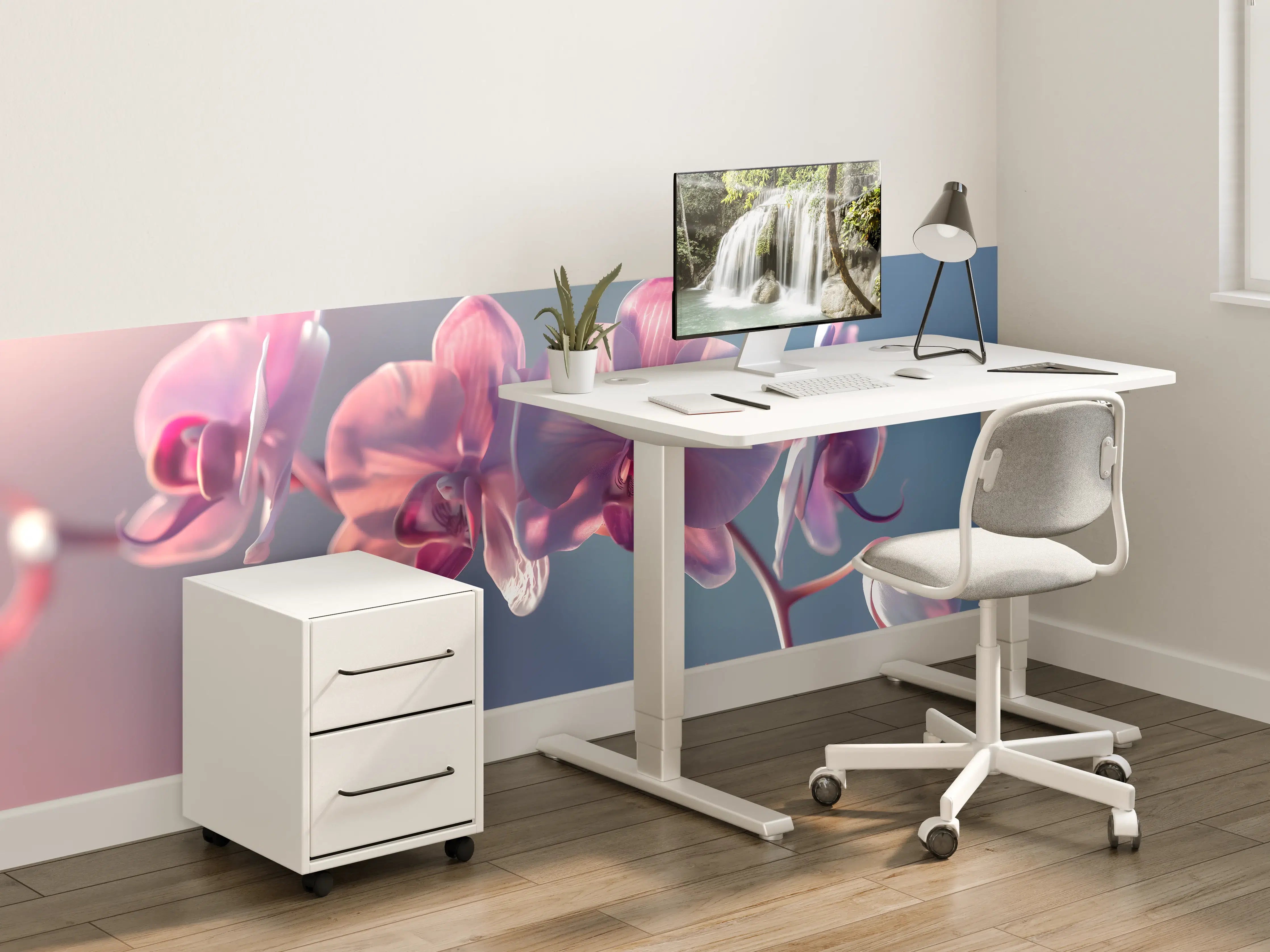 Kinderzimmer Wandgestaltung - Rosa Orchideen auf Blau