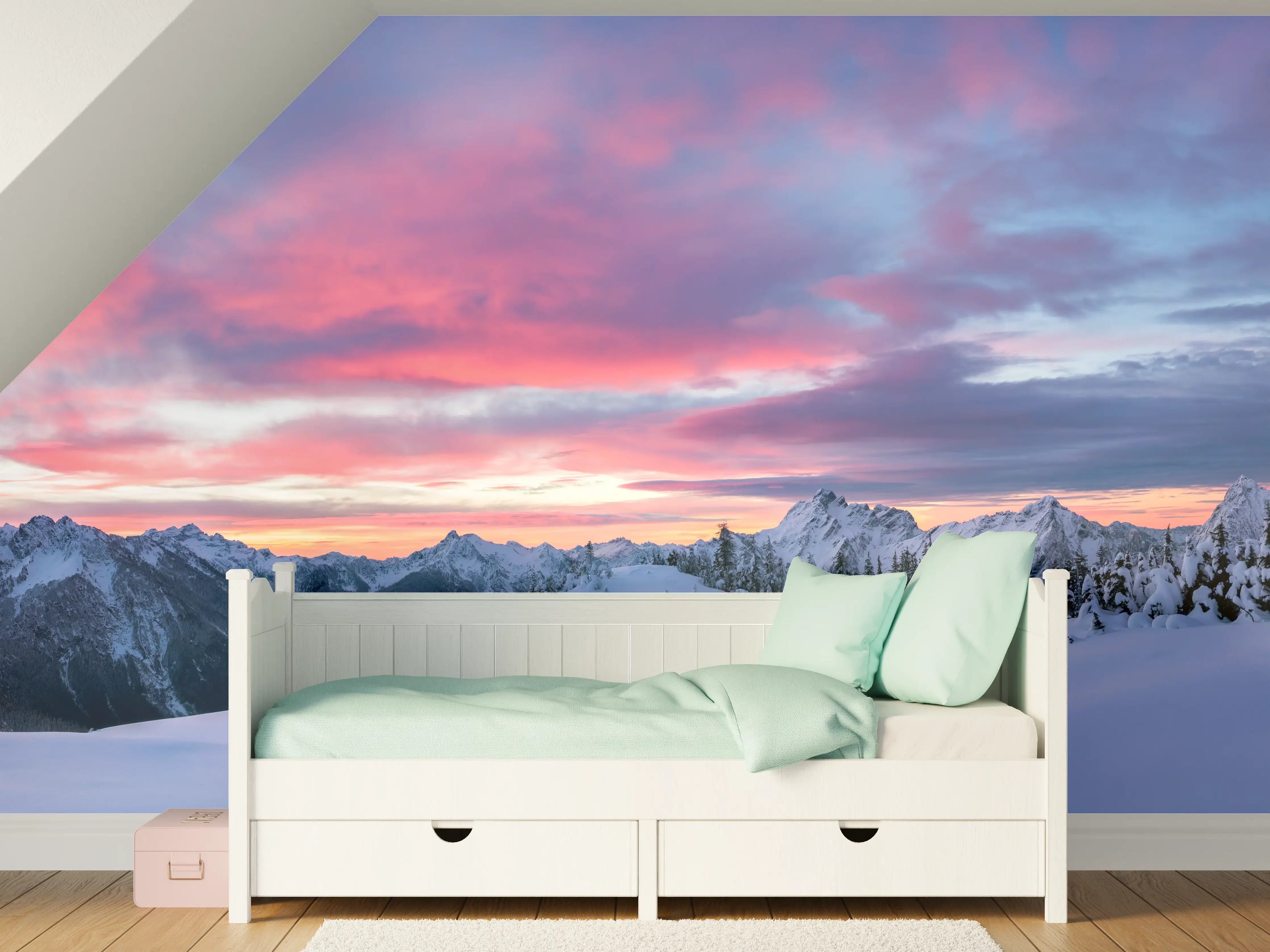 Kinderzimmer Wandgestaltung - Rosa Sonnenuntergang Bergpanorama