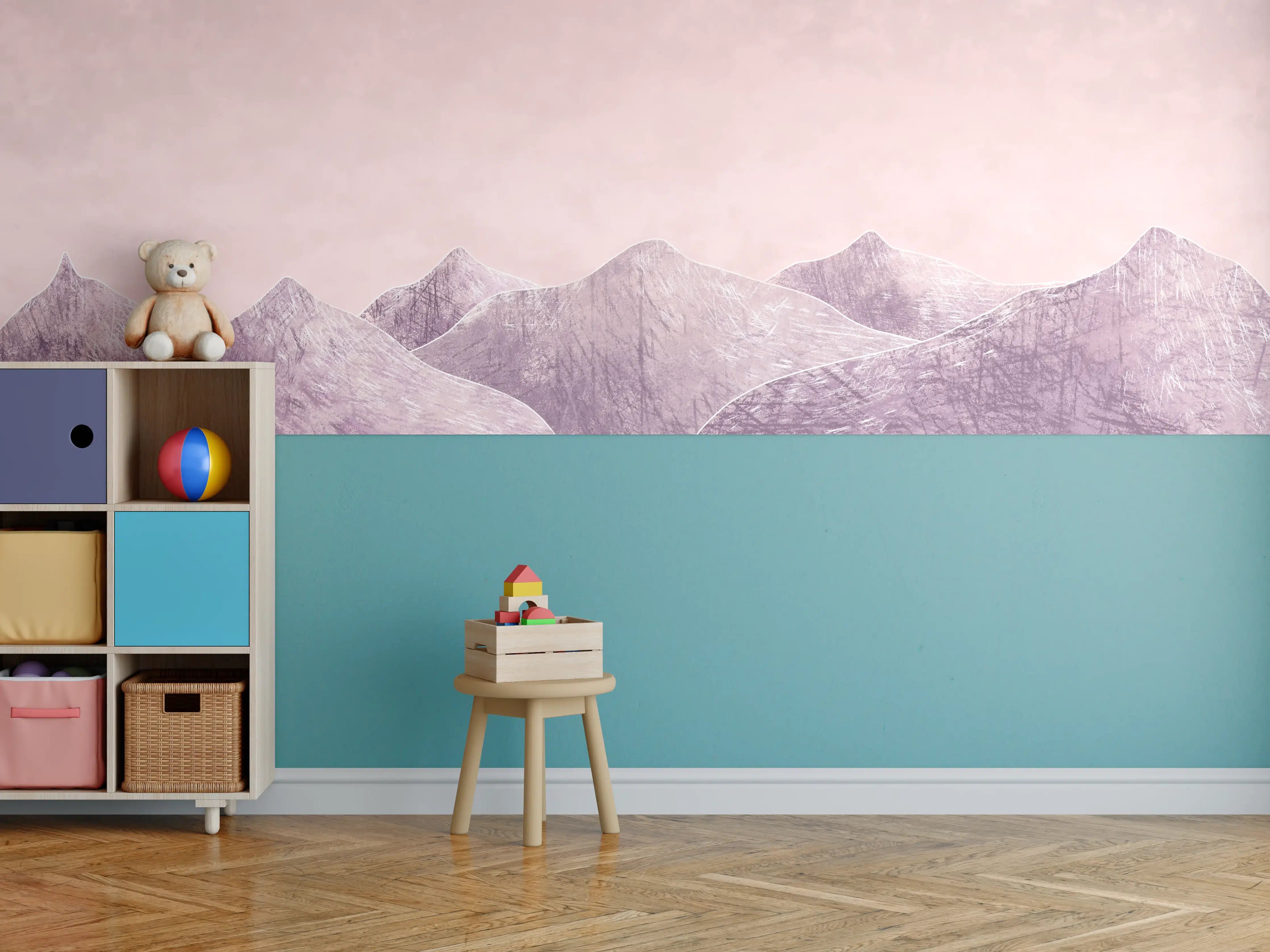 Kinderzimmer Wandgestaltung - Rosa-lilane Berglandschaft - Kunstmalerei