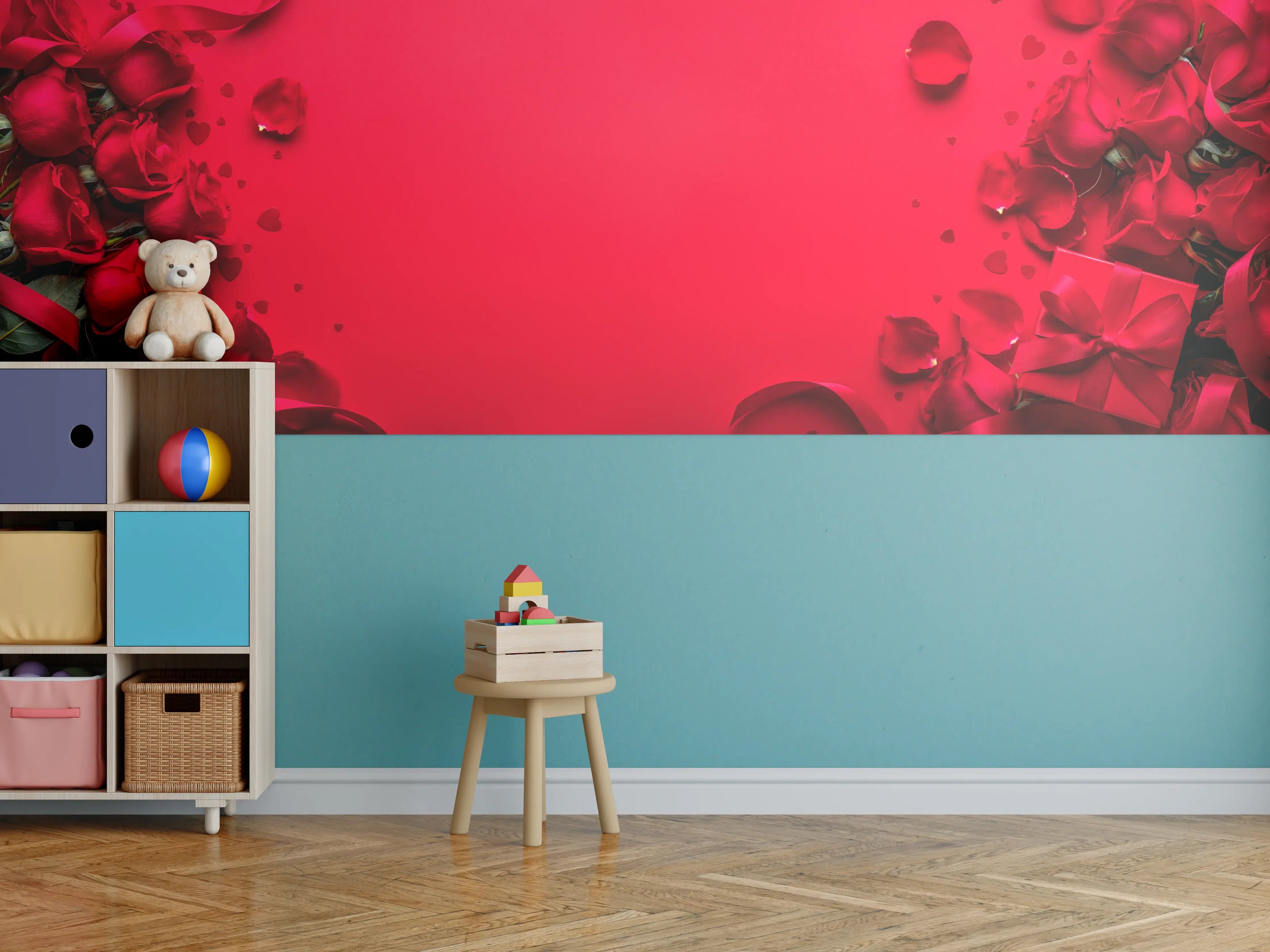 Kinderzimmer Wandgestaltung - Rosengeschenk auf rotem Hintergrund