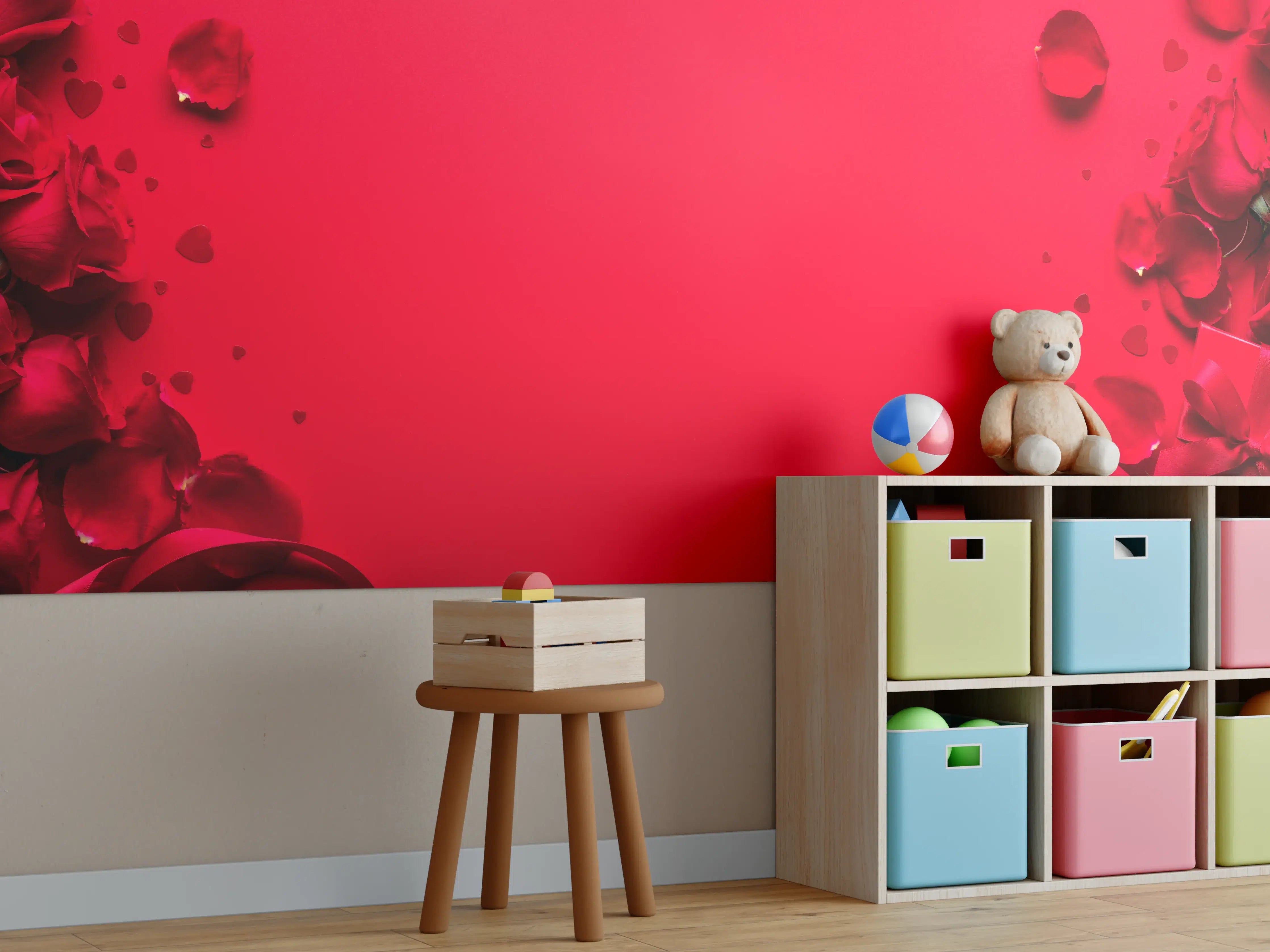 Kinderzimmer Wandgestaltung - Rosengeschenk auf rotem Hintergrund