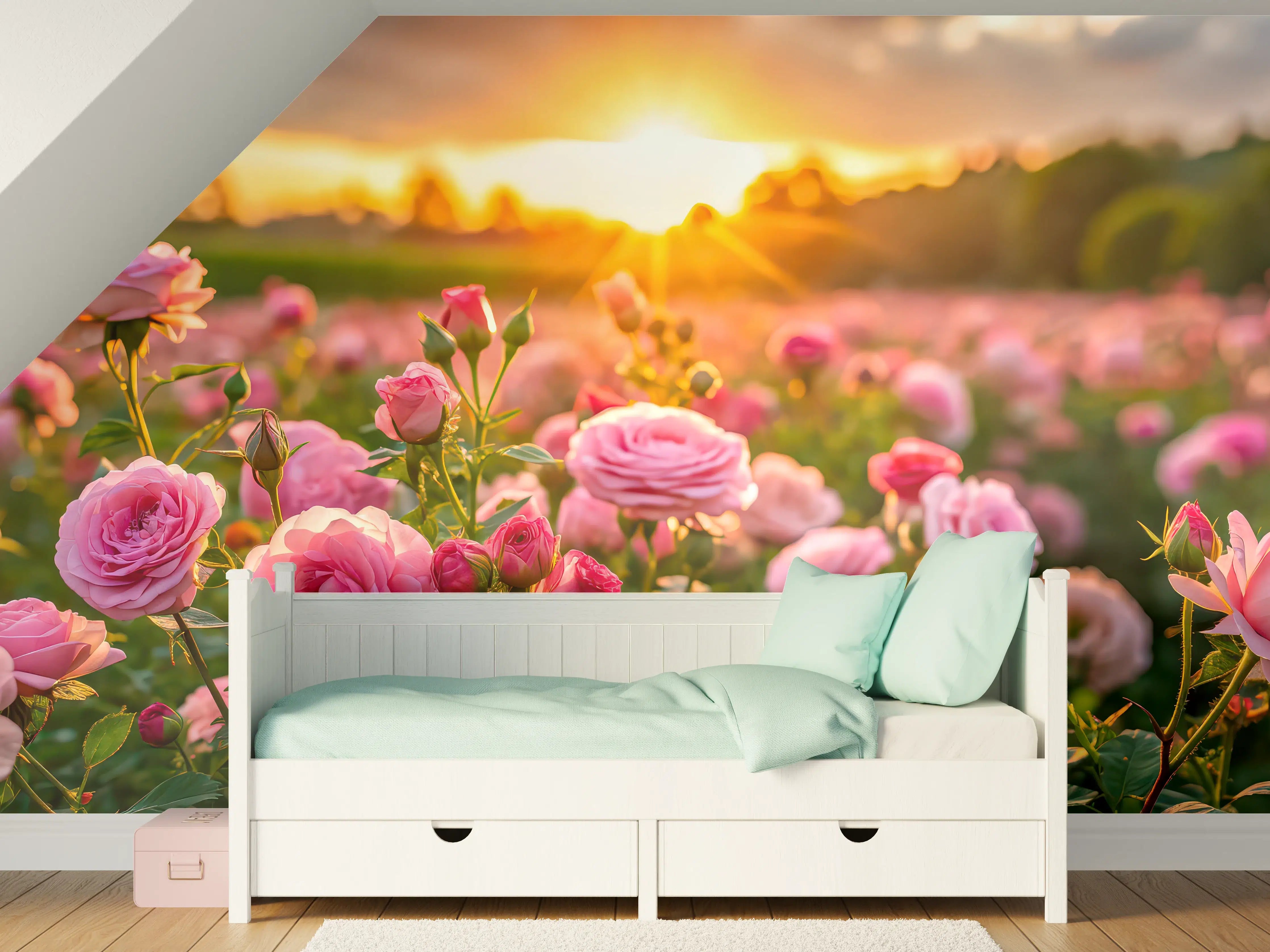 Kinderzimmer Wandgestaltung - Rosenwiese bei Sonnenuntergang