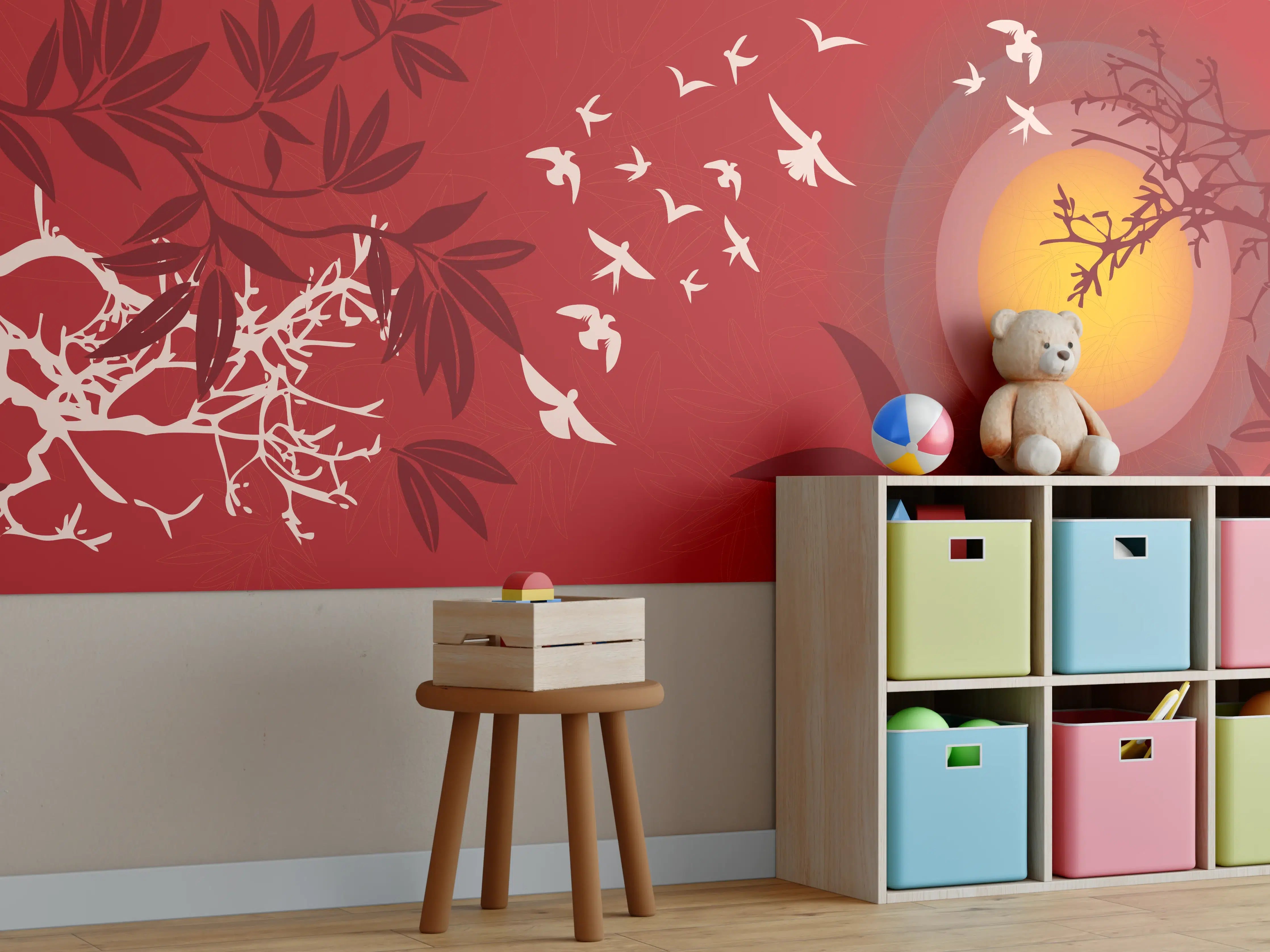Kinderzimmer Wandgestaltung - Rote Abendstimmung Vögel Silhouetten