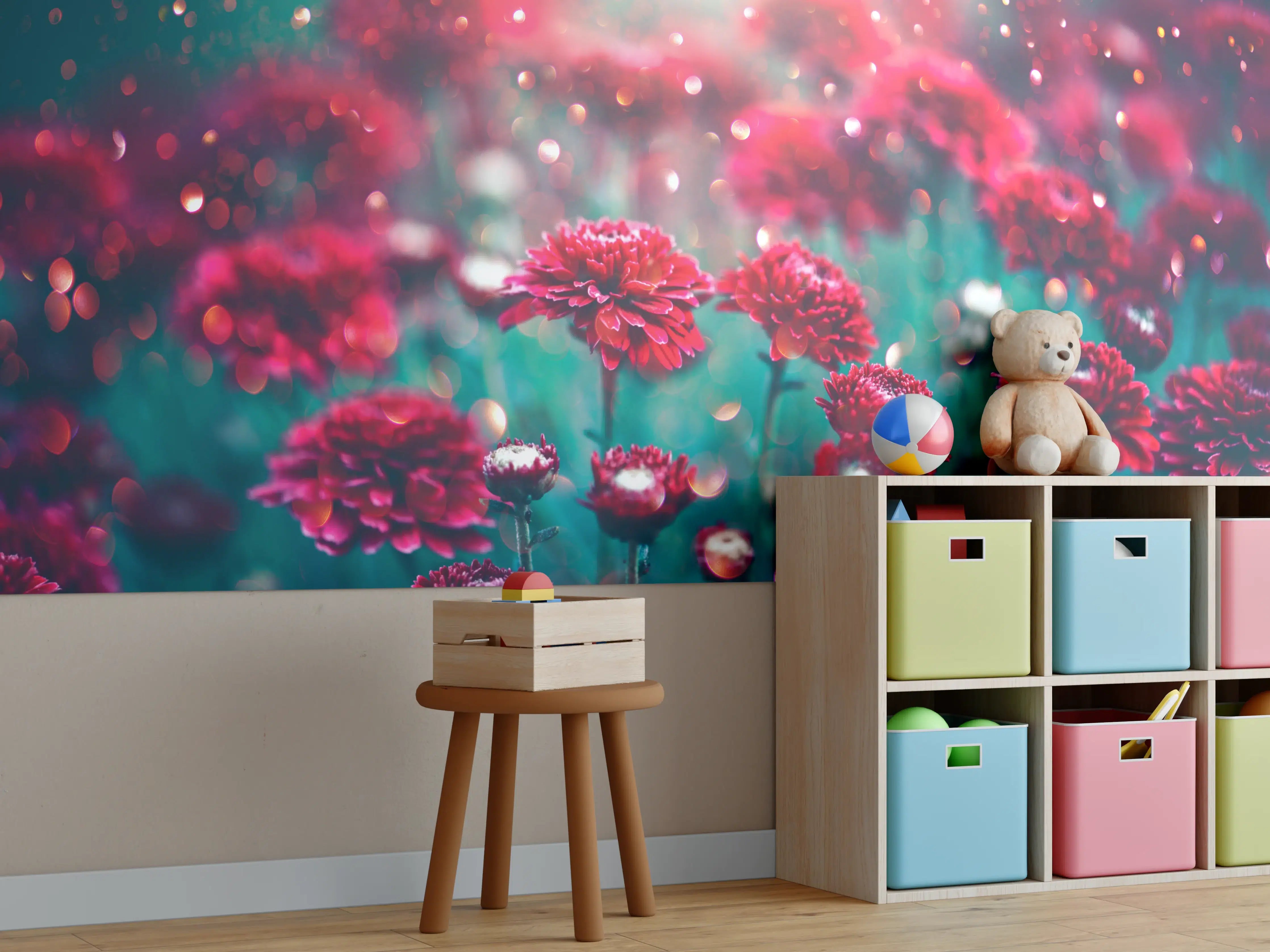 Kinderzimmer Wandgestaltung - Rote Blumen funkeln im Garten