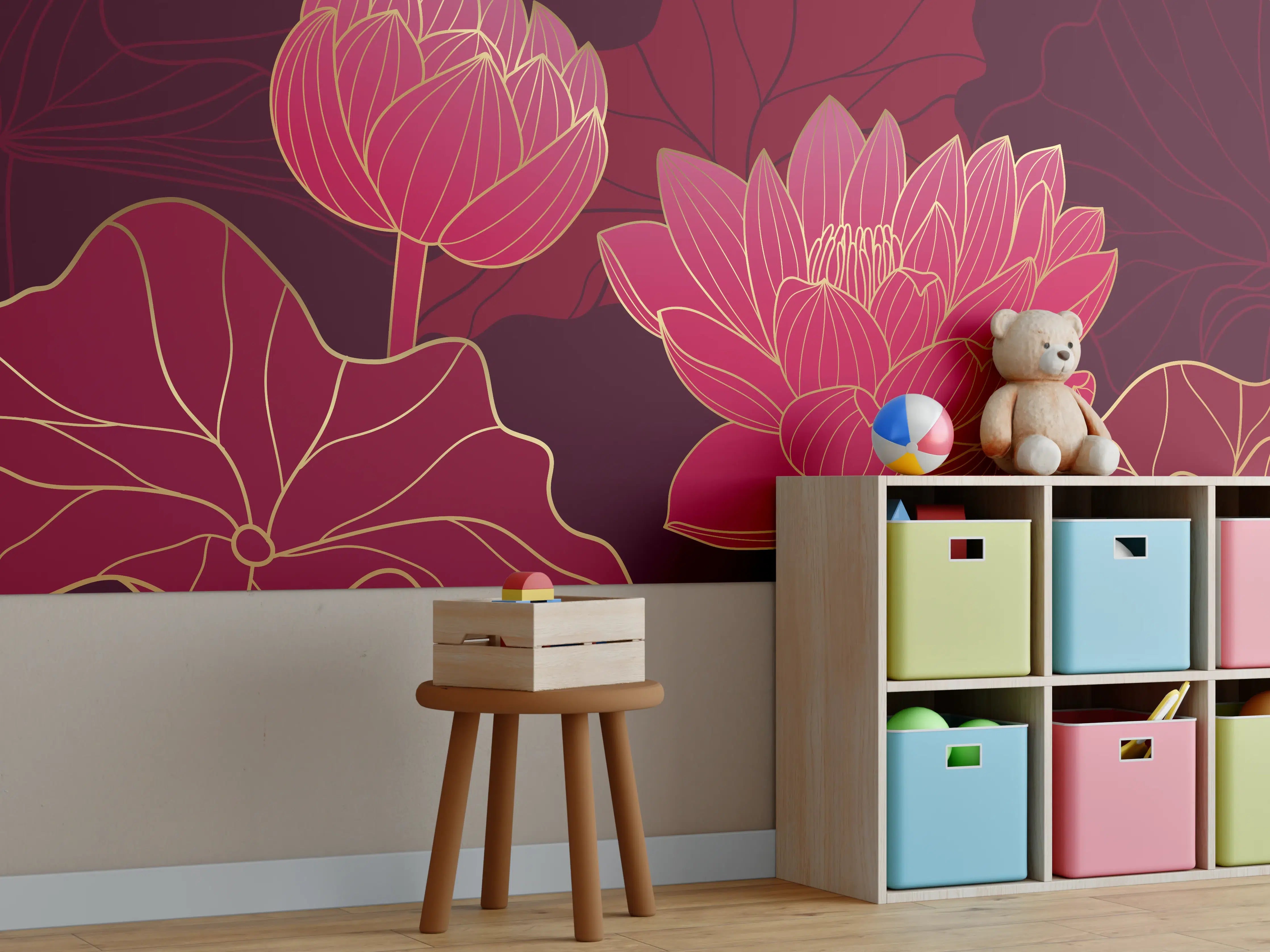 Kinderzimmer Wandgestaltung - Rote Lotusblüten Lineart Design