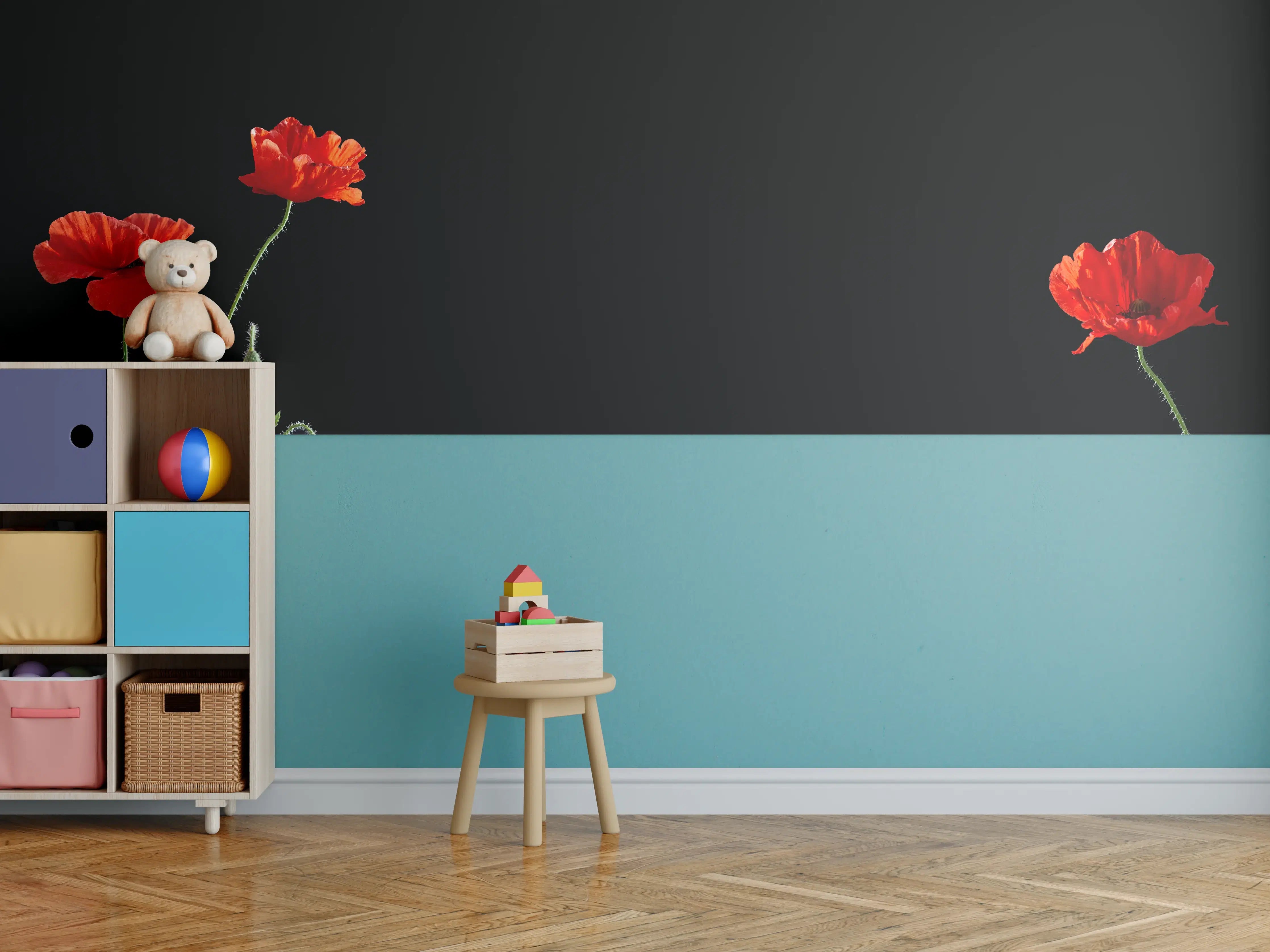 Kinderzimmer Wandgestaltung - Rote Mohnblumen auf Schwarz