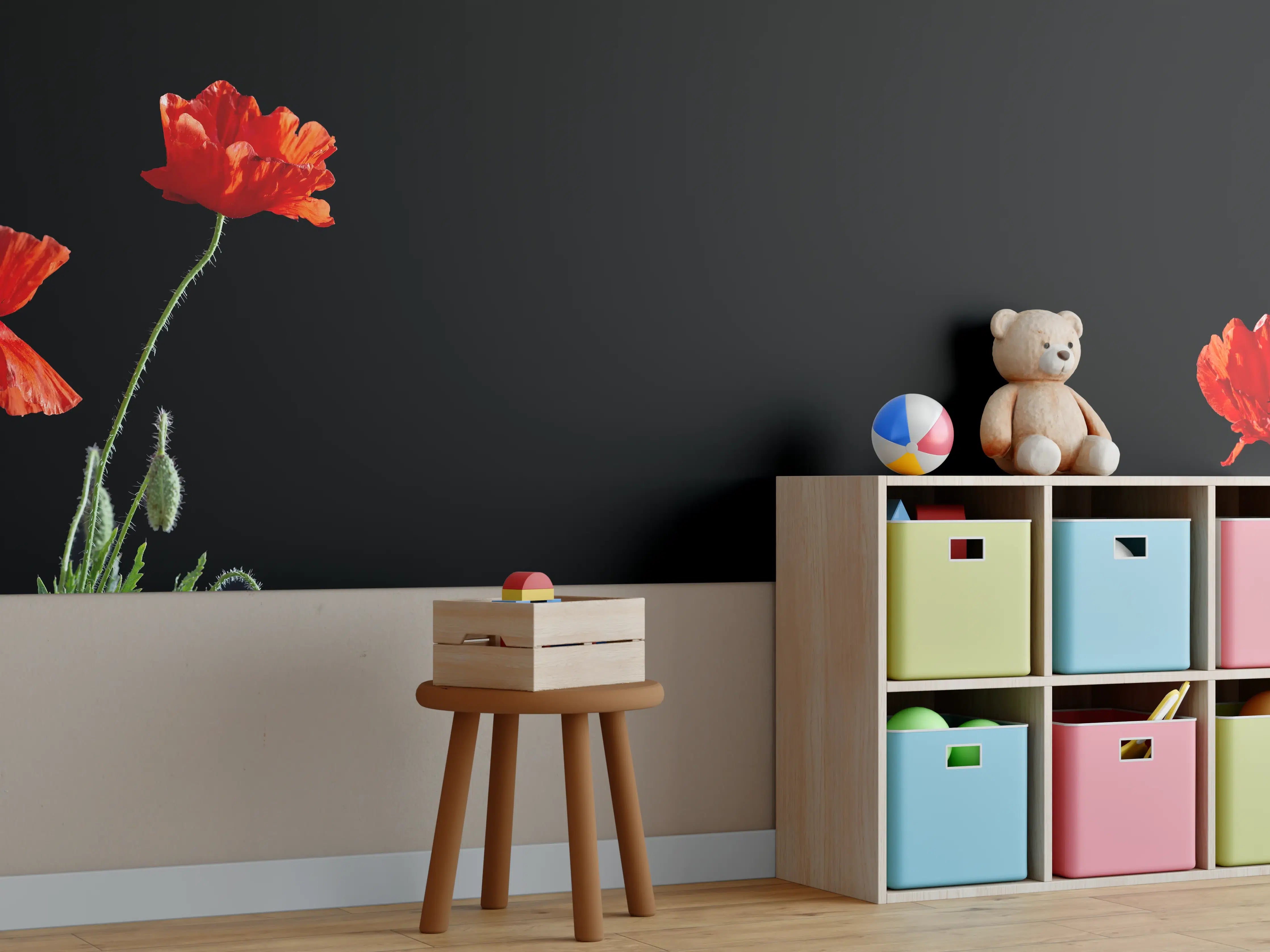 Kinderzimmer Wandgestaltung - Rote Mohnblumen auf Schwarz