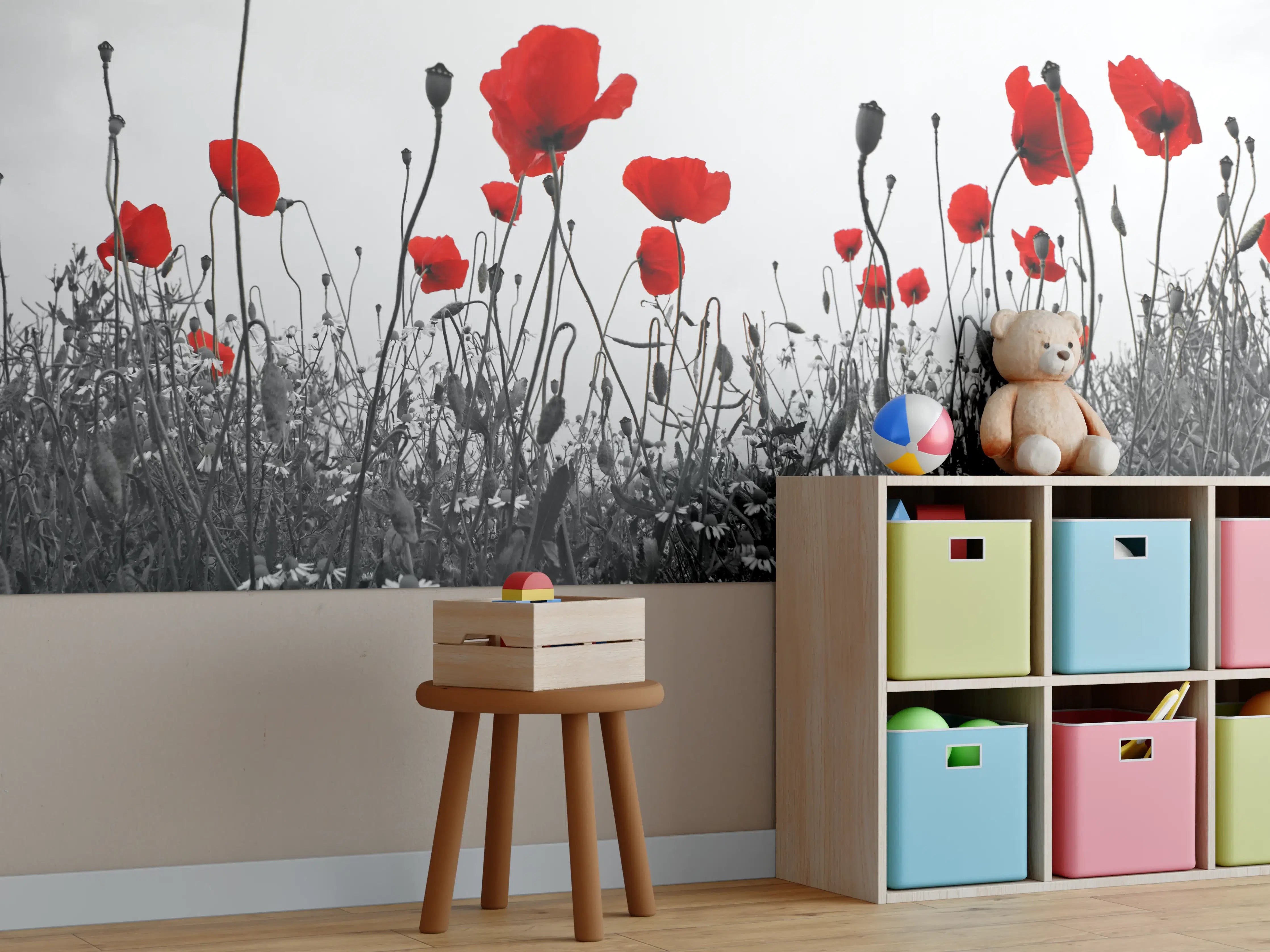 Kinderzimmer Wandgestaltung - Rote Mohnblumen im monochromen Hintergrund