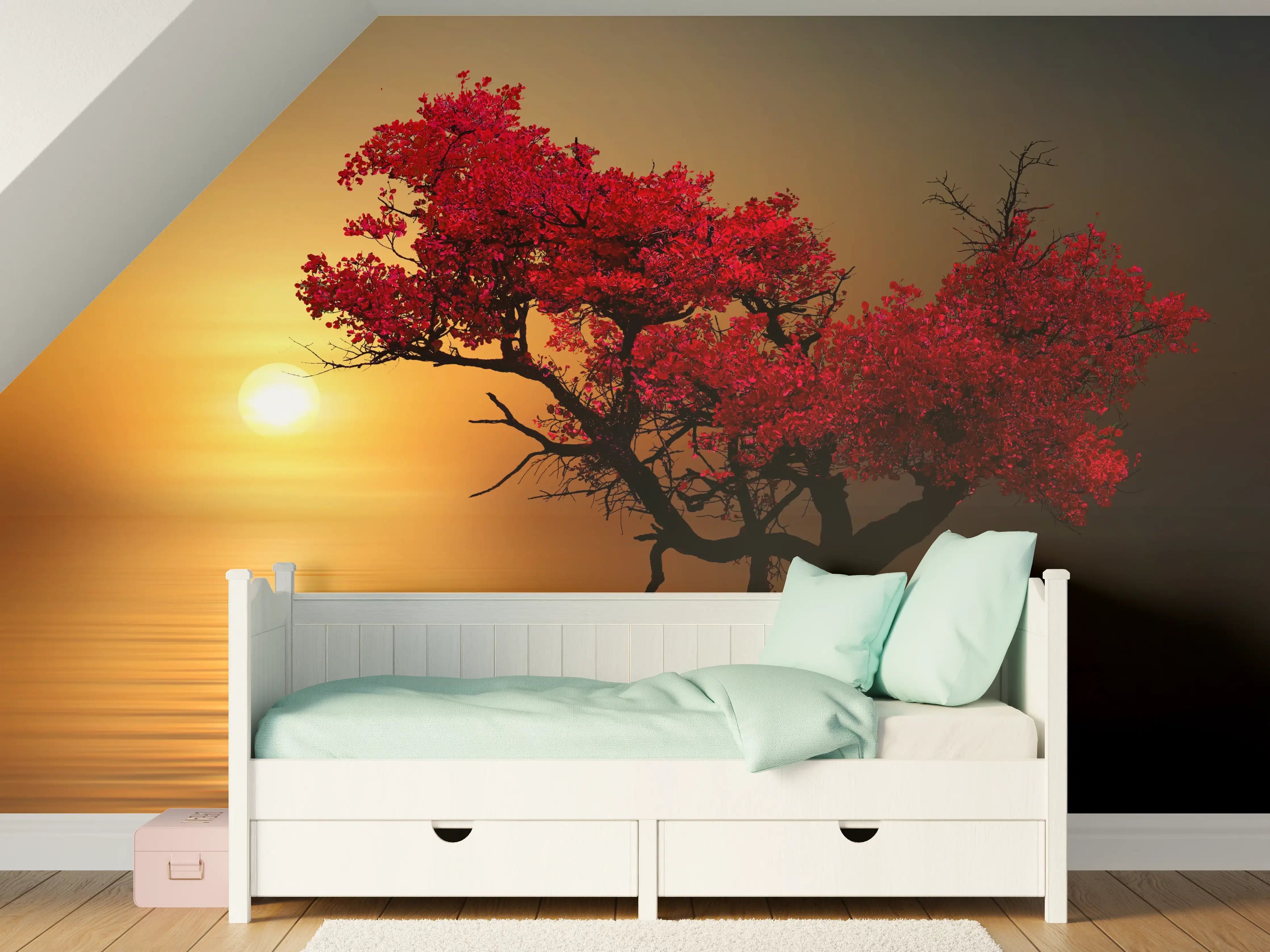 Kinderzimmer Wandgestaltung - Roter Baum bei Sonnenuntergang