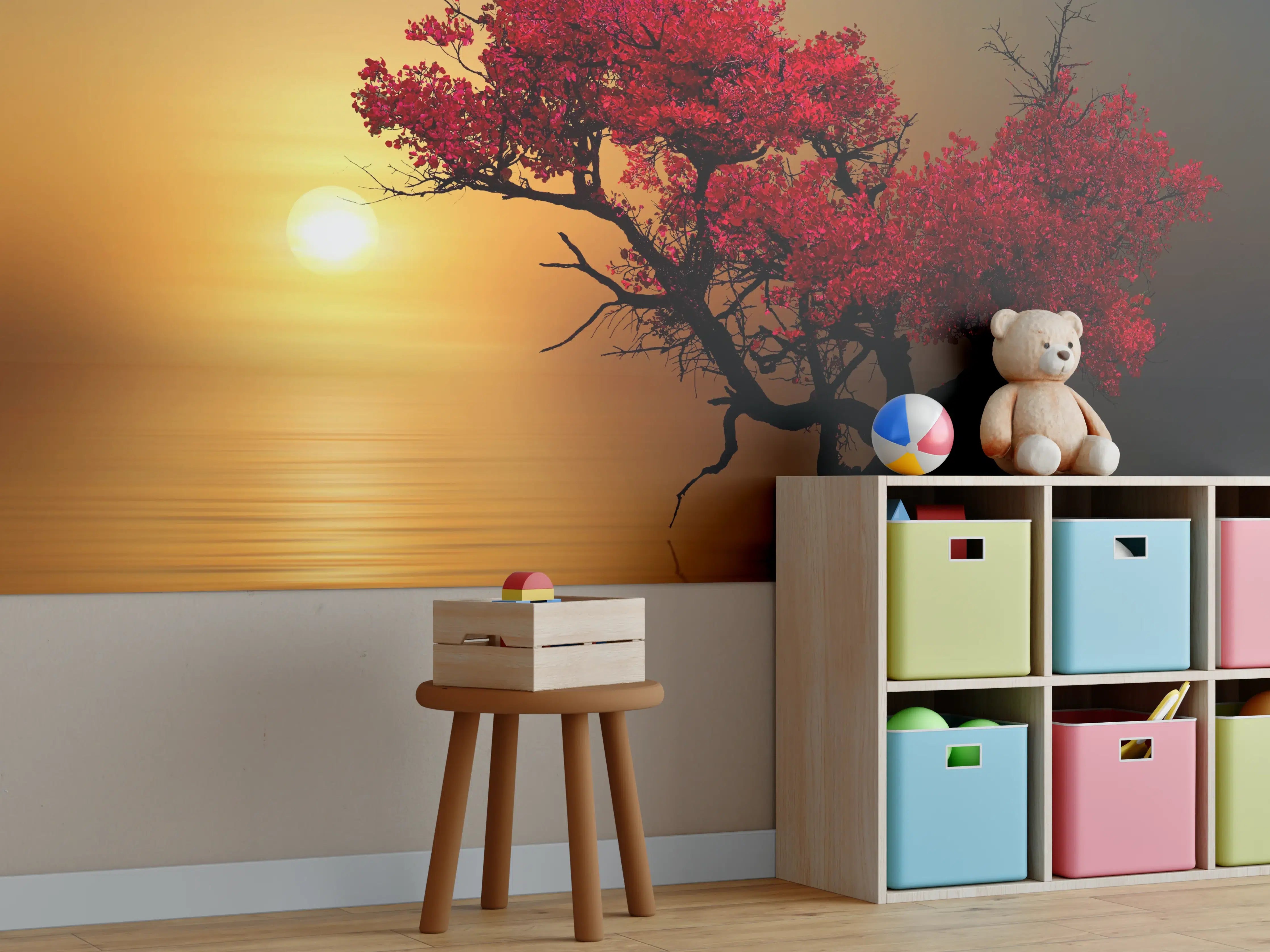 Kinderzimmer Wandgestaltung - Roter Baum bei Sonnenuntergang