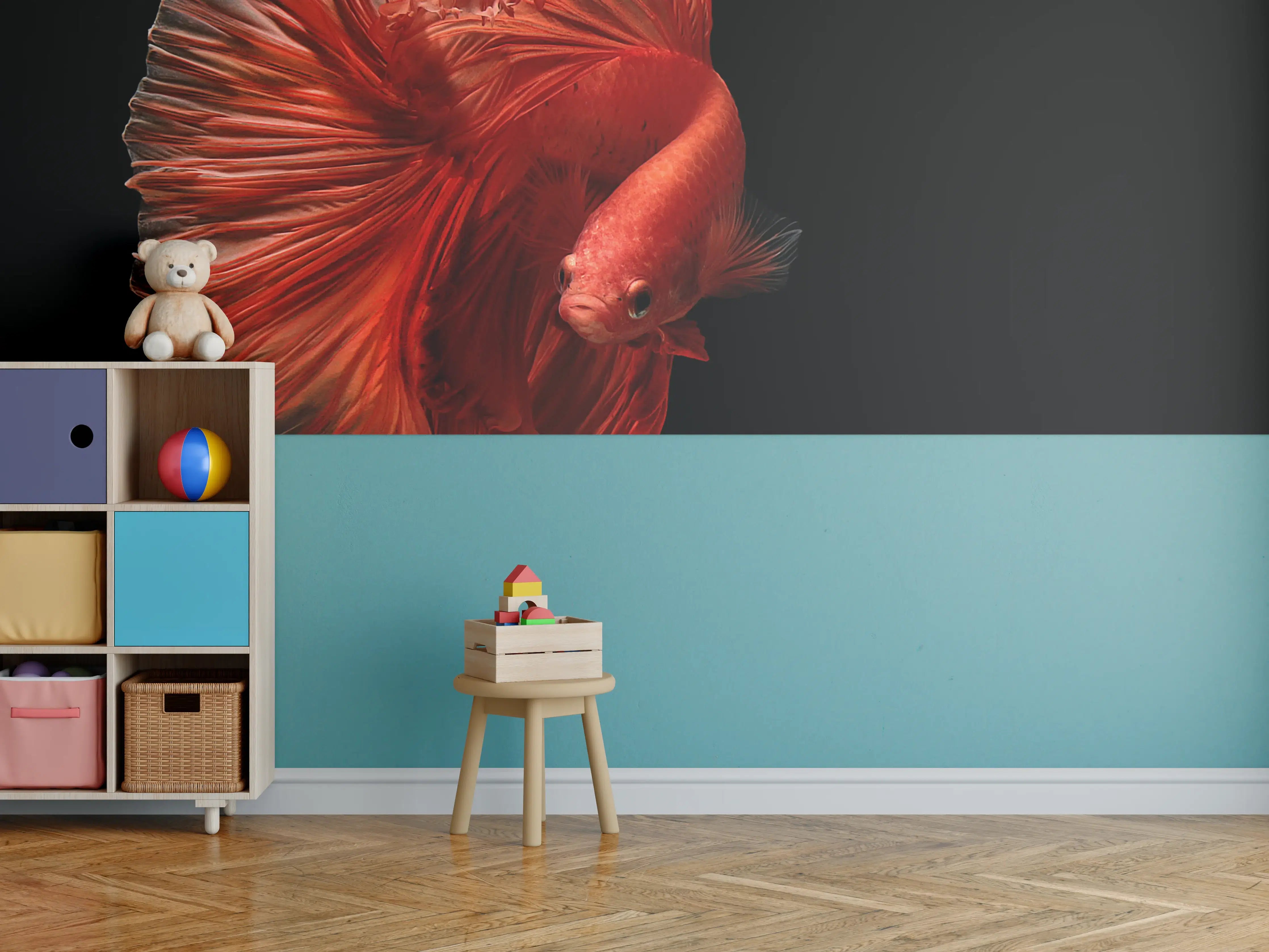 Kinderzimmer Wandgestaltung - Roter Betta-Fisch im schwarzen Wasser