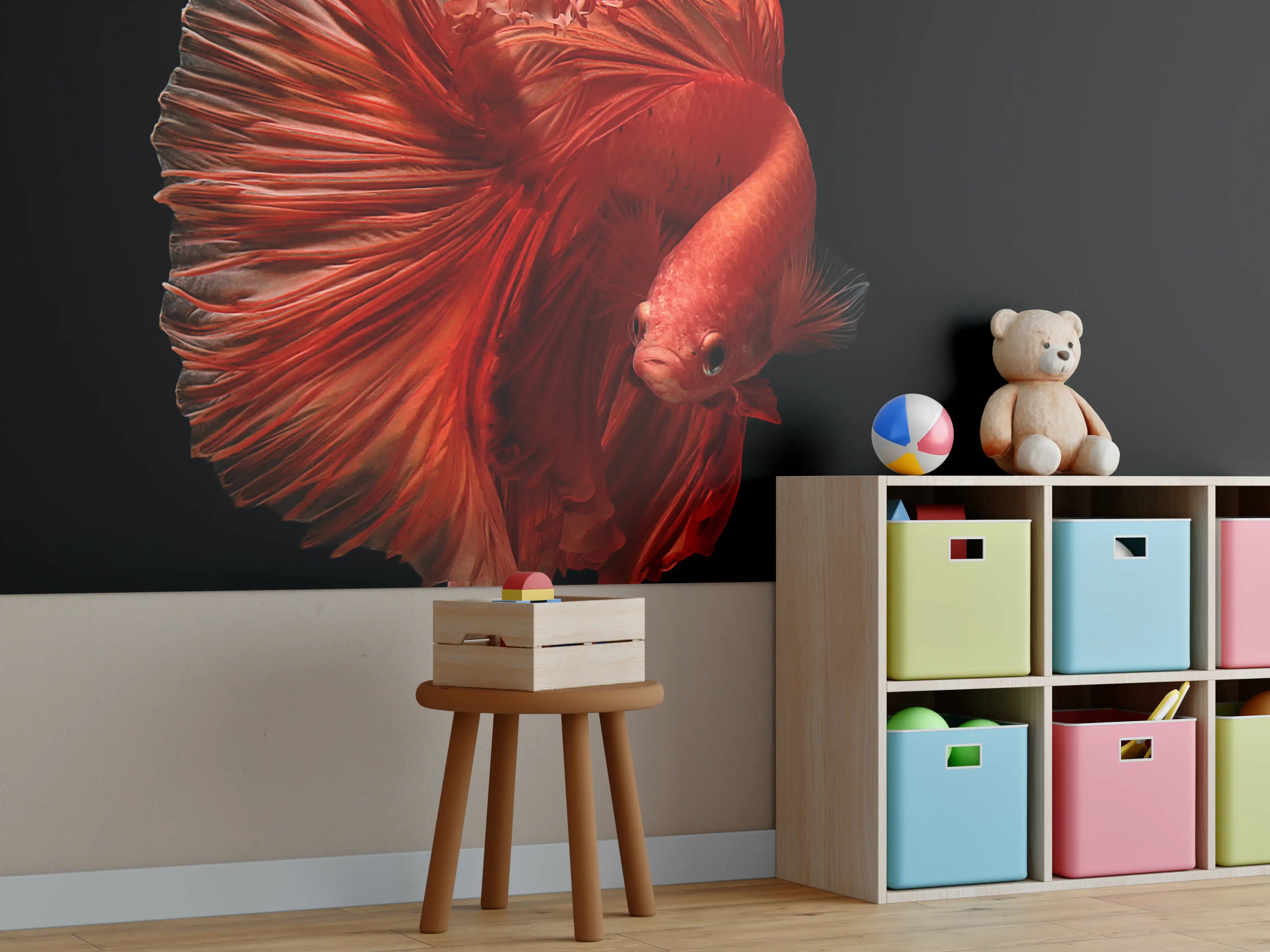 Kinderzimmer Wandgestaltung - Roter Betta-Fisch im schwarzen Wasser