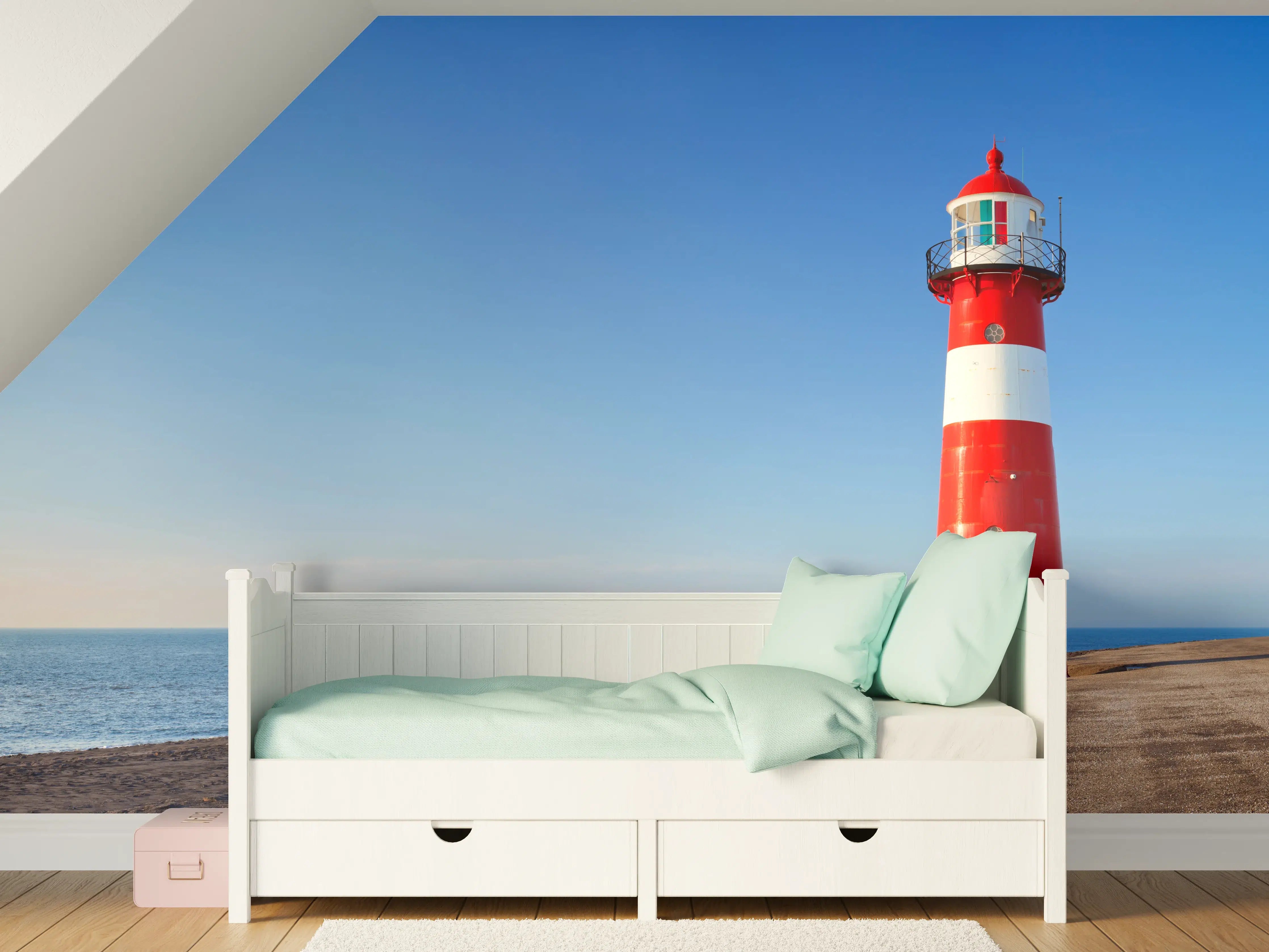 Kinderzimmer Wandgestaltung - Roter Leuchtturm am Meer