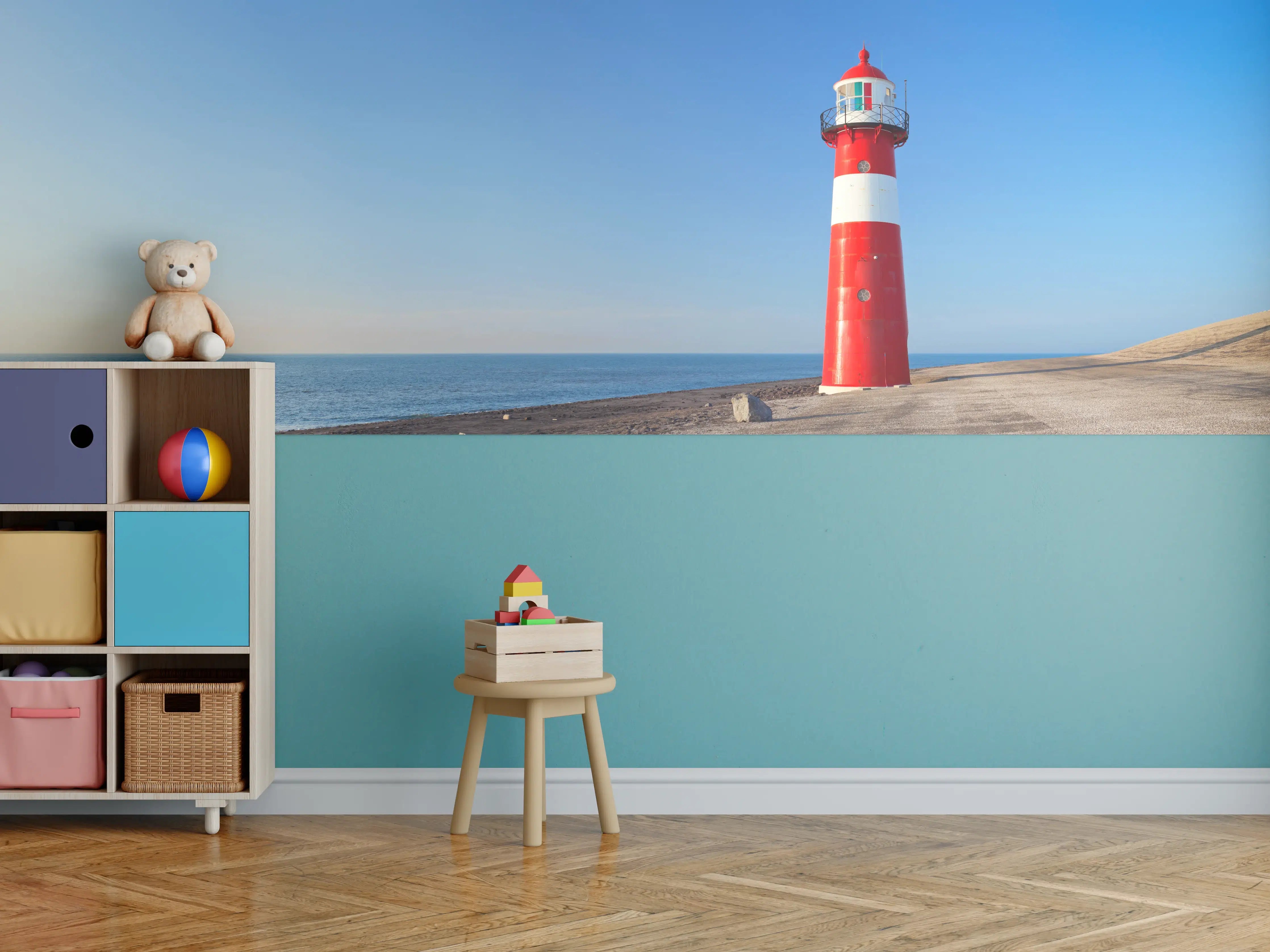 Kinderzimmer Wandgestaltung - Roter Leuchtturm am Meer