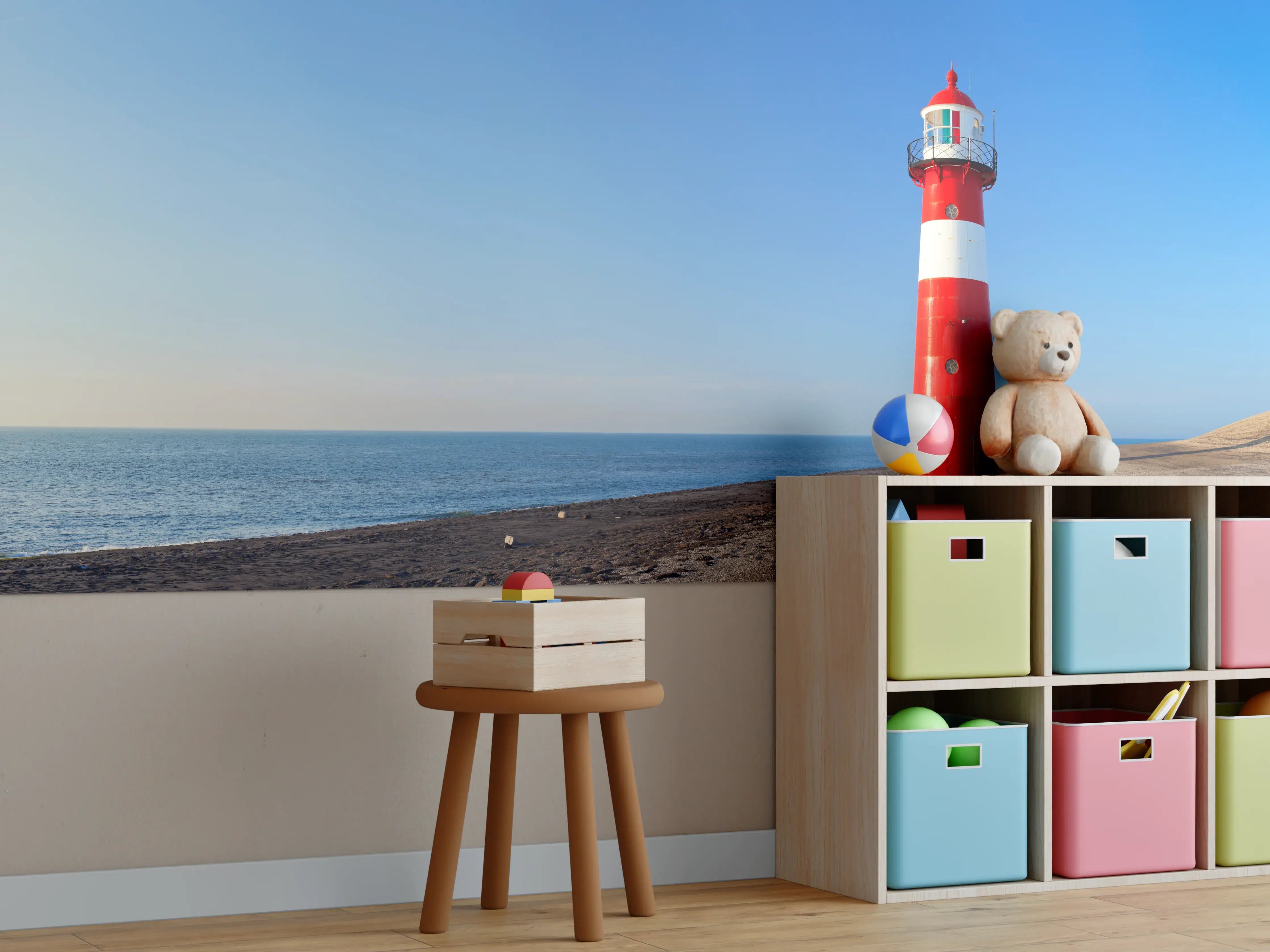 Kinderzimmer Wandgestaltung - Roter Leuchtturm am Meer
