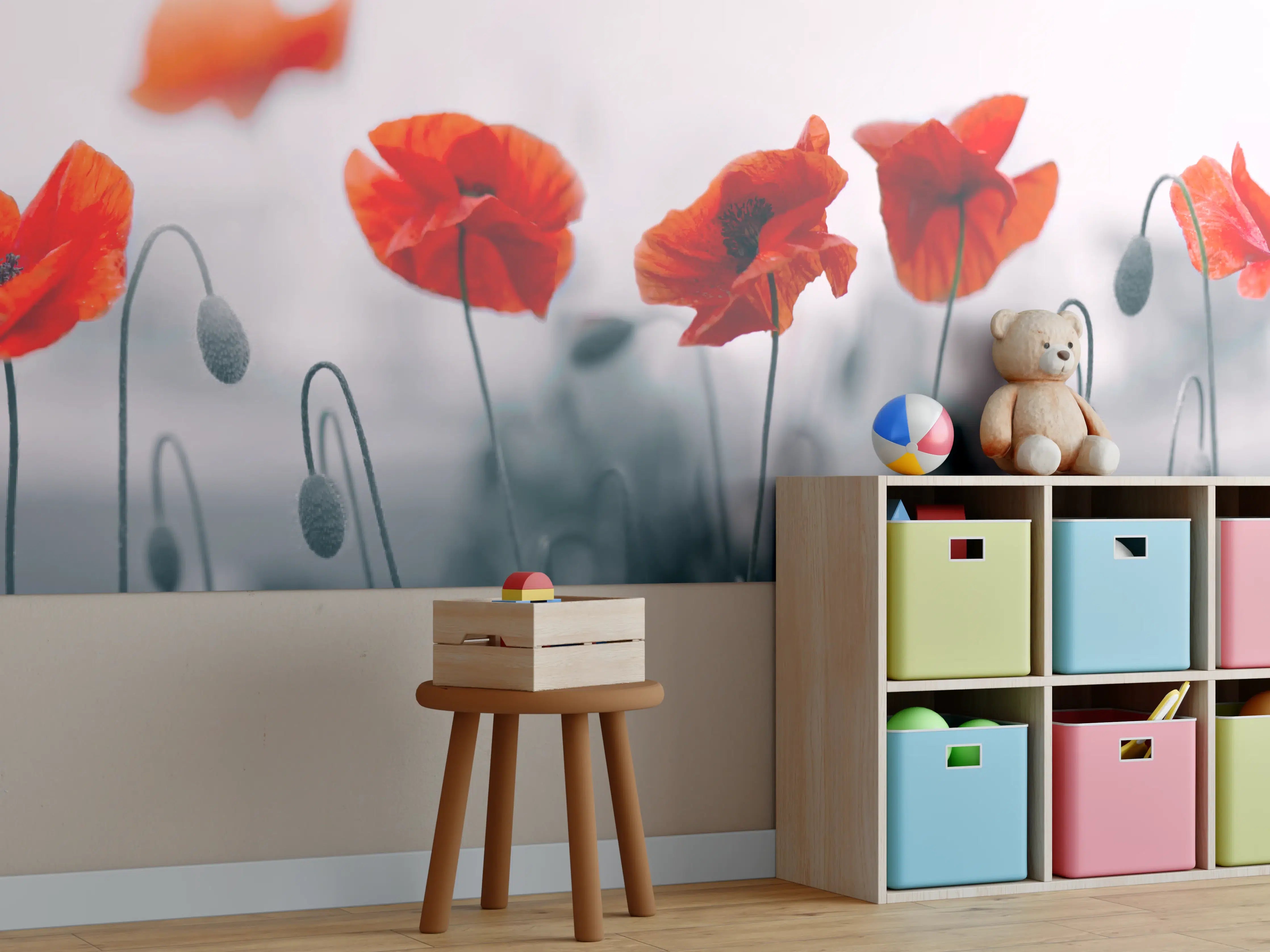Kinderzimmer Wandgestaltung - Roter Mohn auf hellem Hintergrund