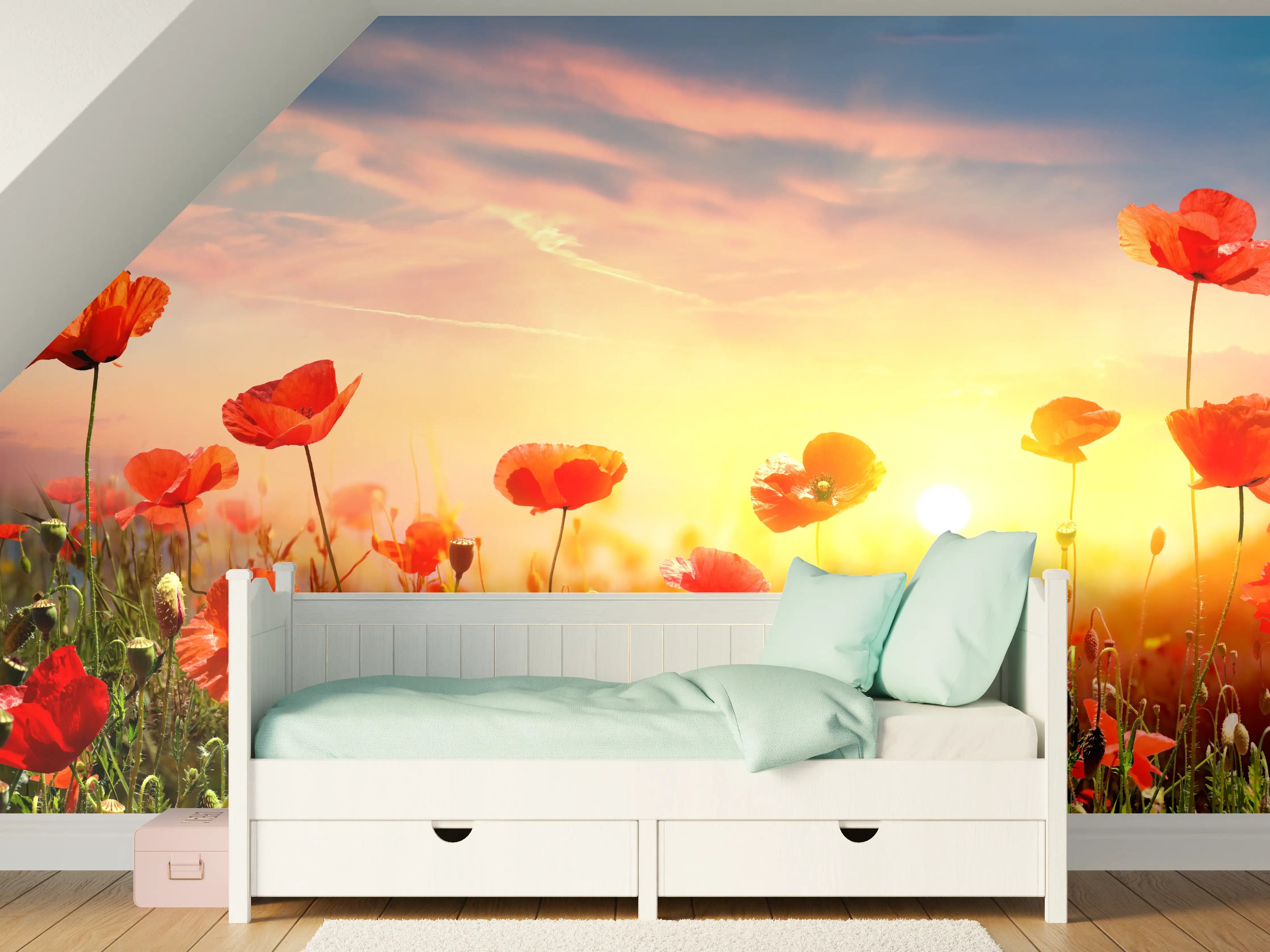 Kinderzimmer Wandgestaltung - Roter Mohnfeld Sonnenaufgang