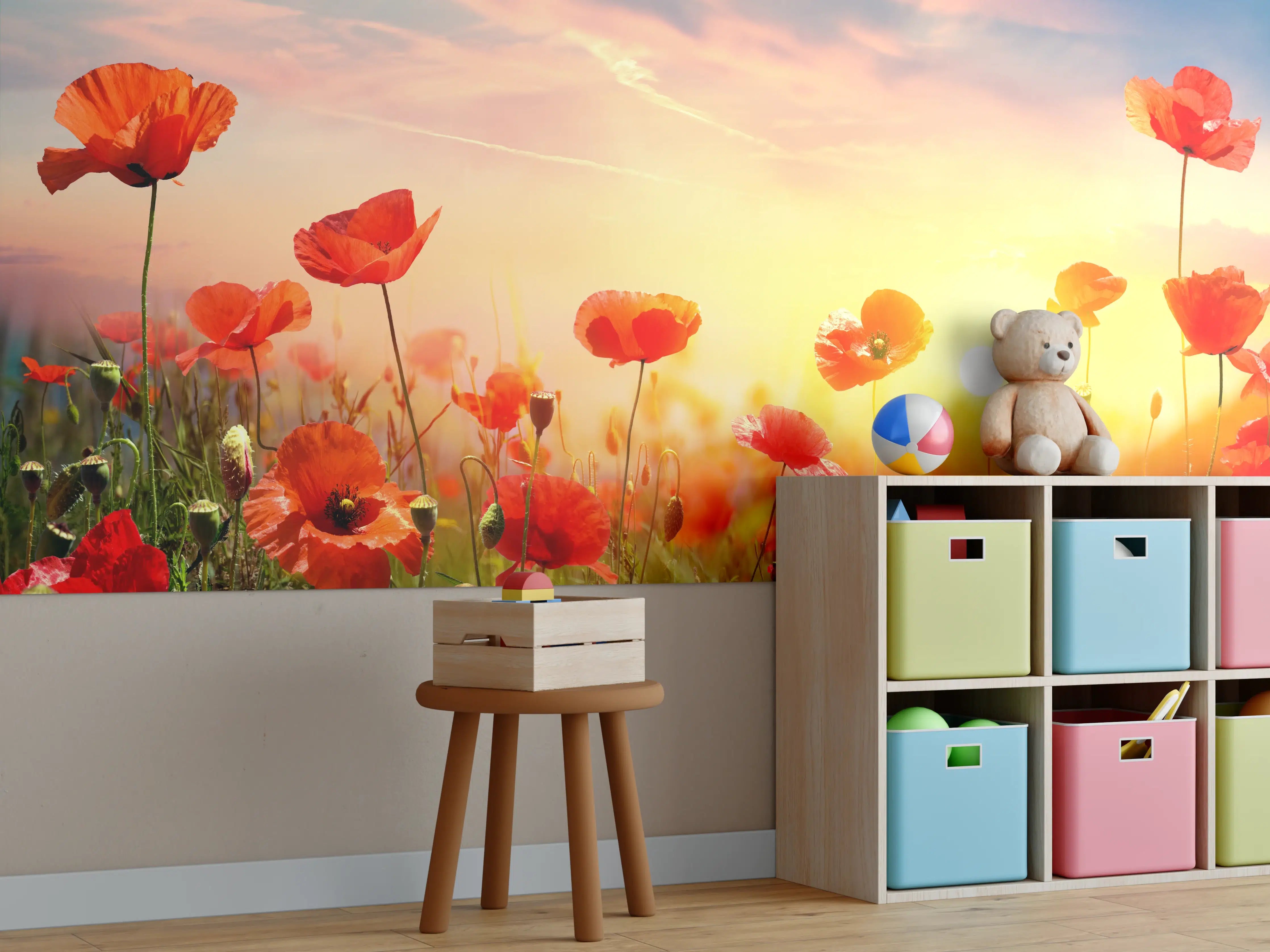 Kinderzimmer Wandgestaltung - Roter Mohnfeld Sonnenaufgang
