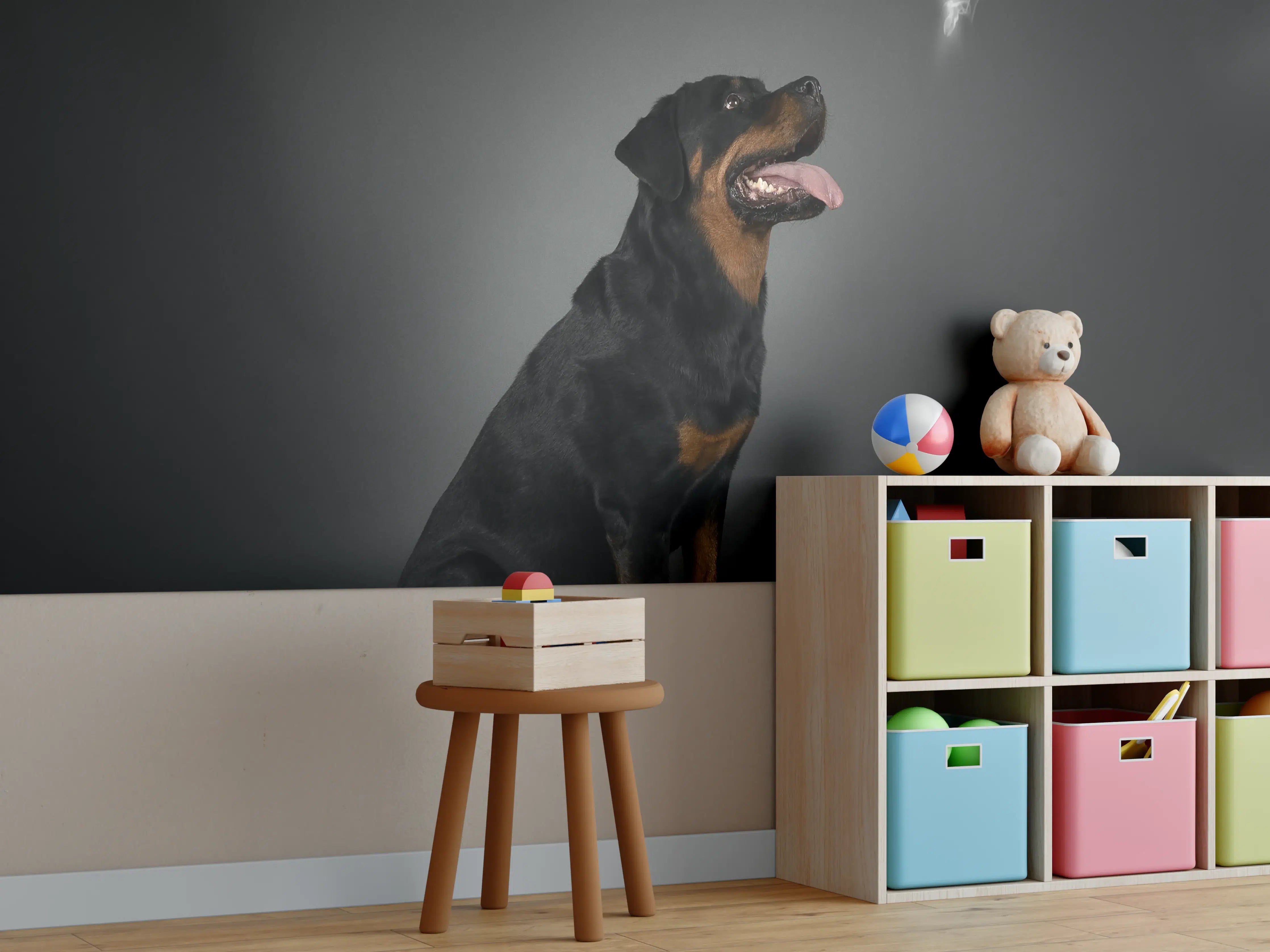 Kinderzimmer Wandgestaltung - Rottweiler sitzend mit Blick auf Herz