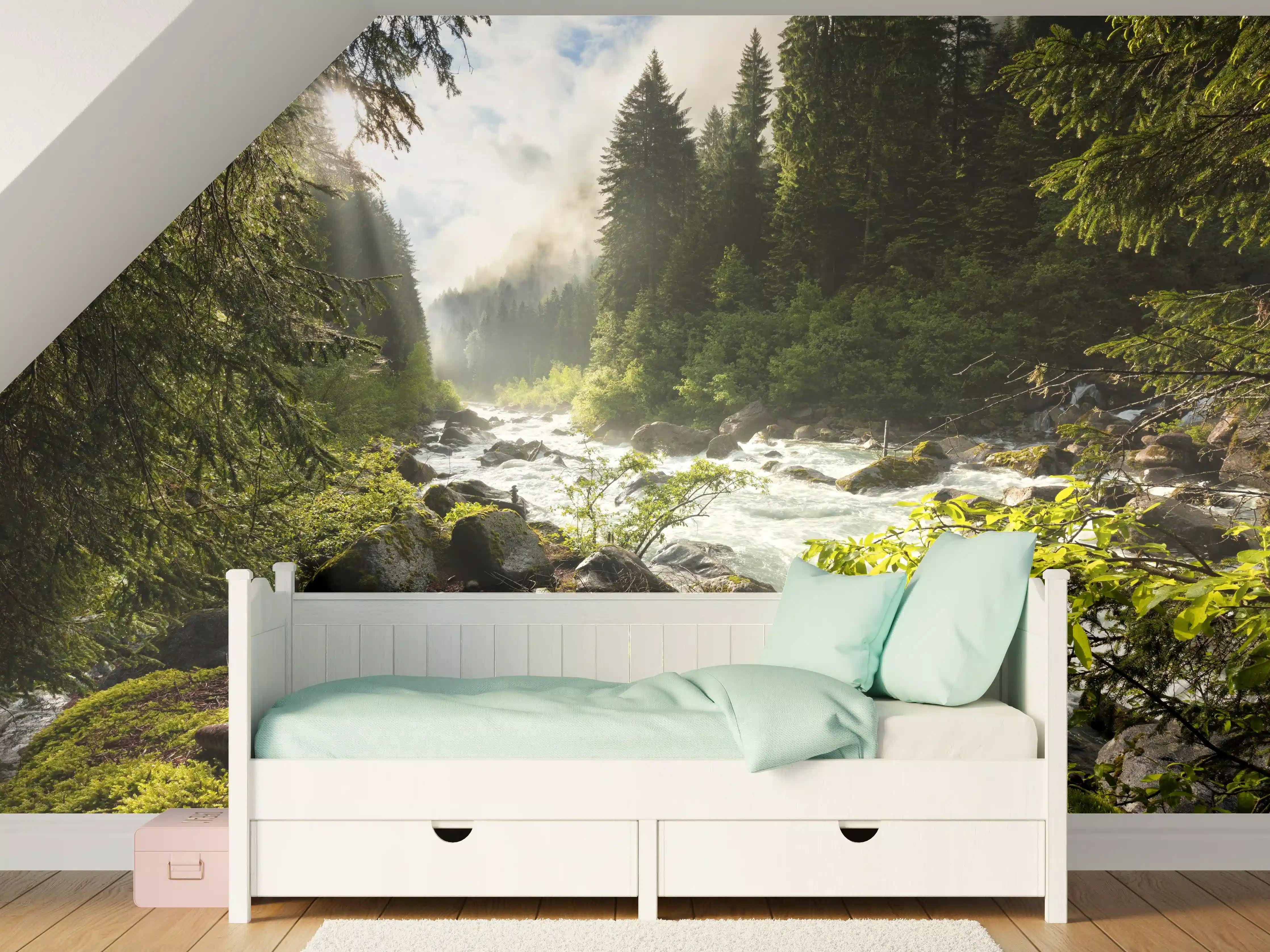 Kinderzimmer Wandgestaltung - Ruhiger Fluss mitten im Wald