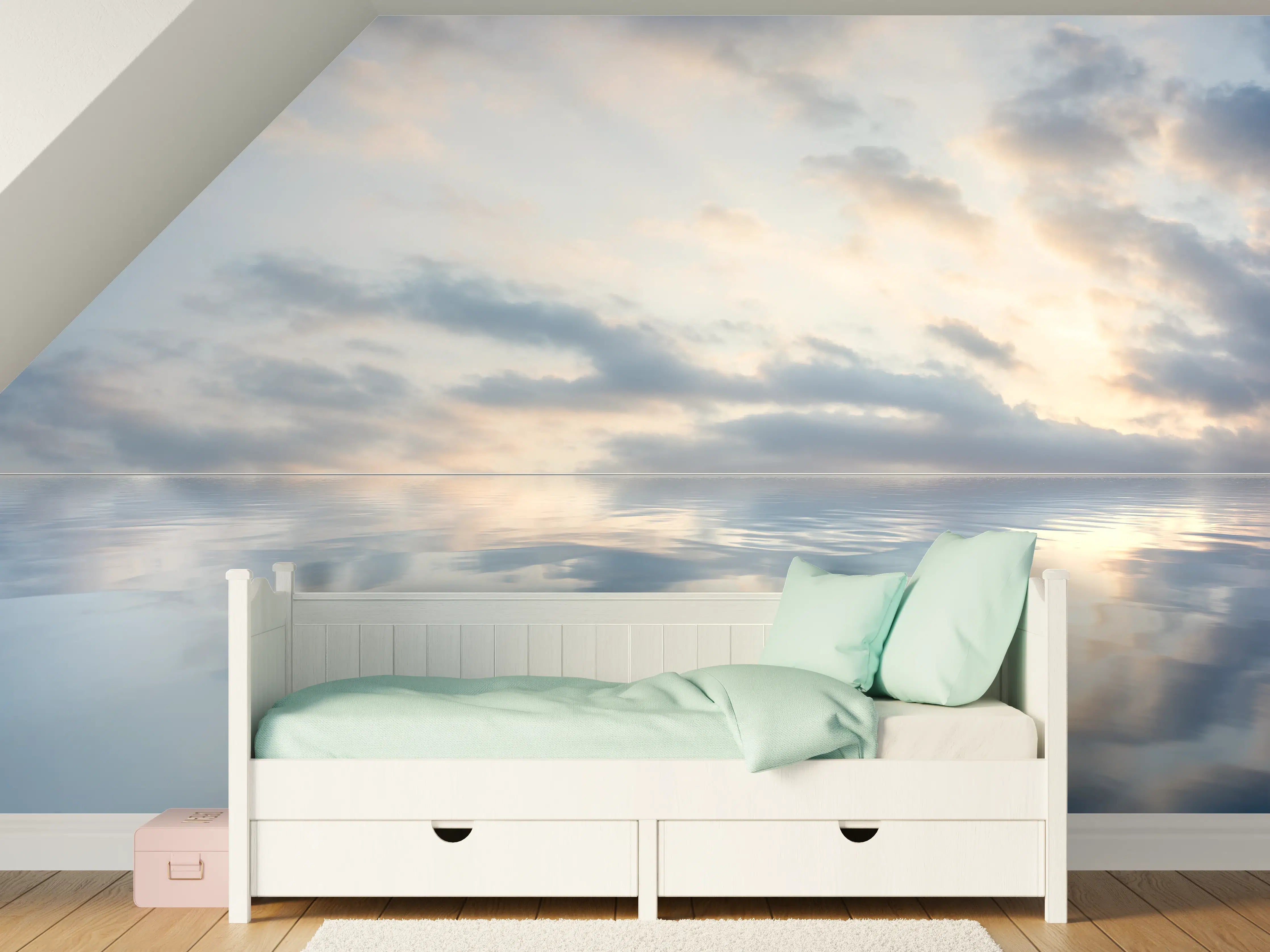 Kinderzimmer Wandgestaltung - Ruhiges Wasser mit sanften Wolkenstrukturen