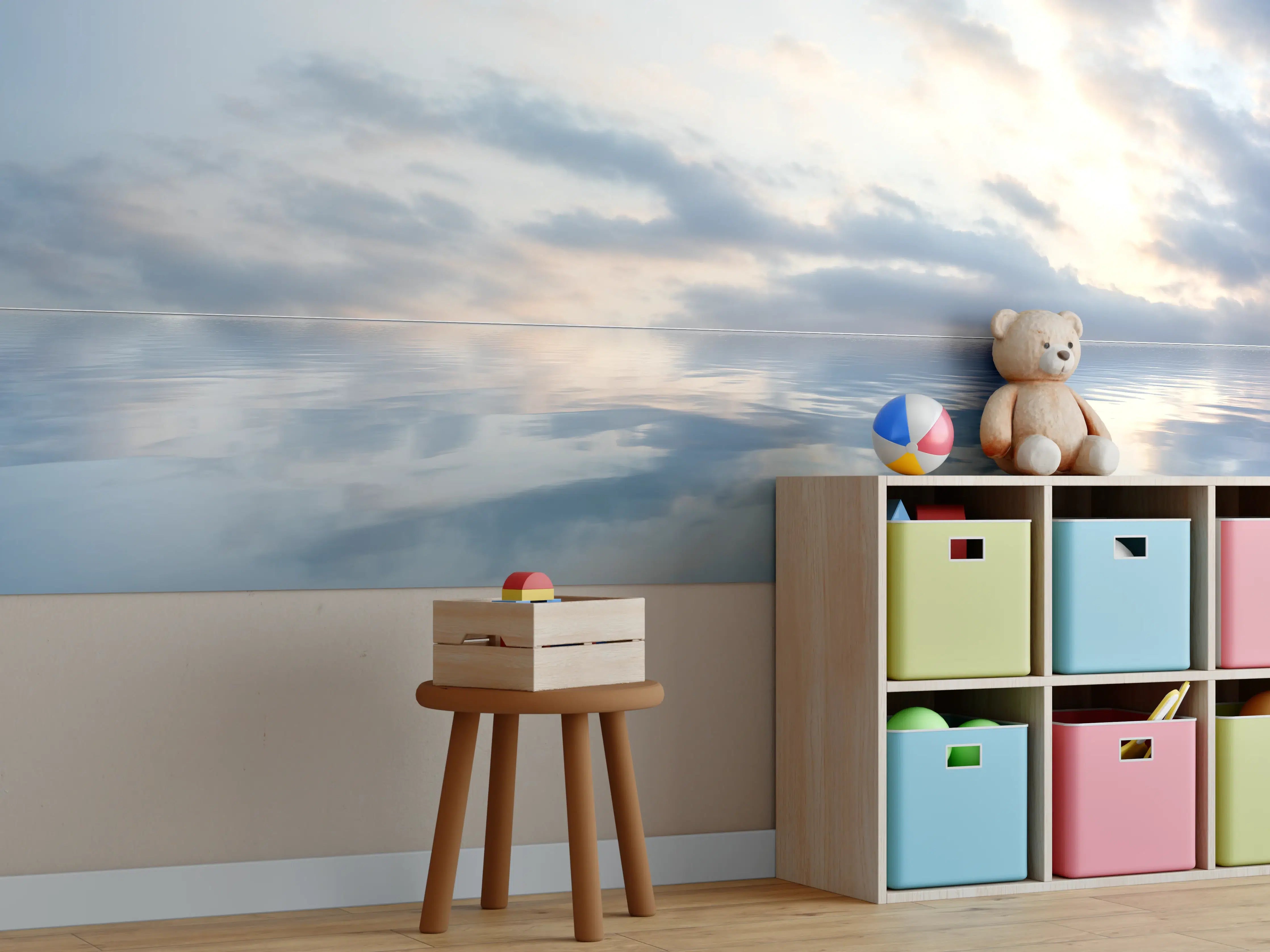 Kinderzimmer Wandgestaltung - Ruhiges Wasser mit sanften Wolkenstrukturen