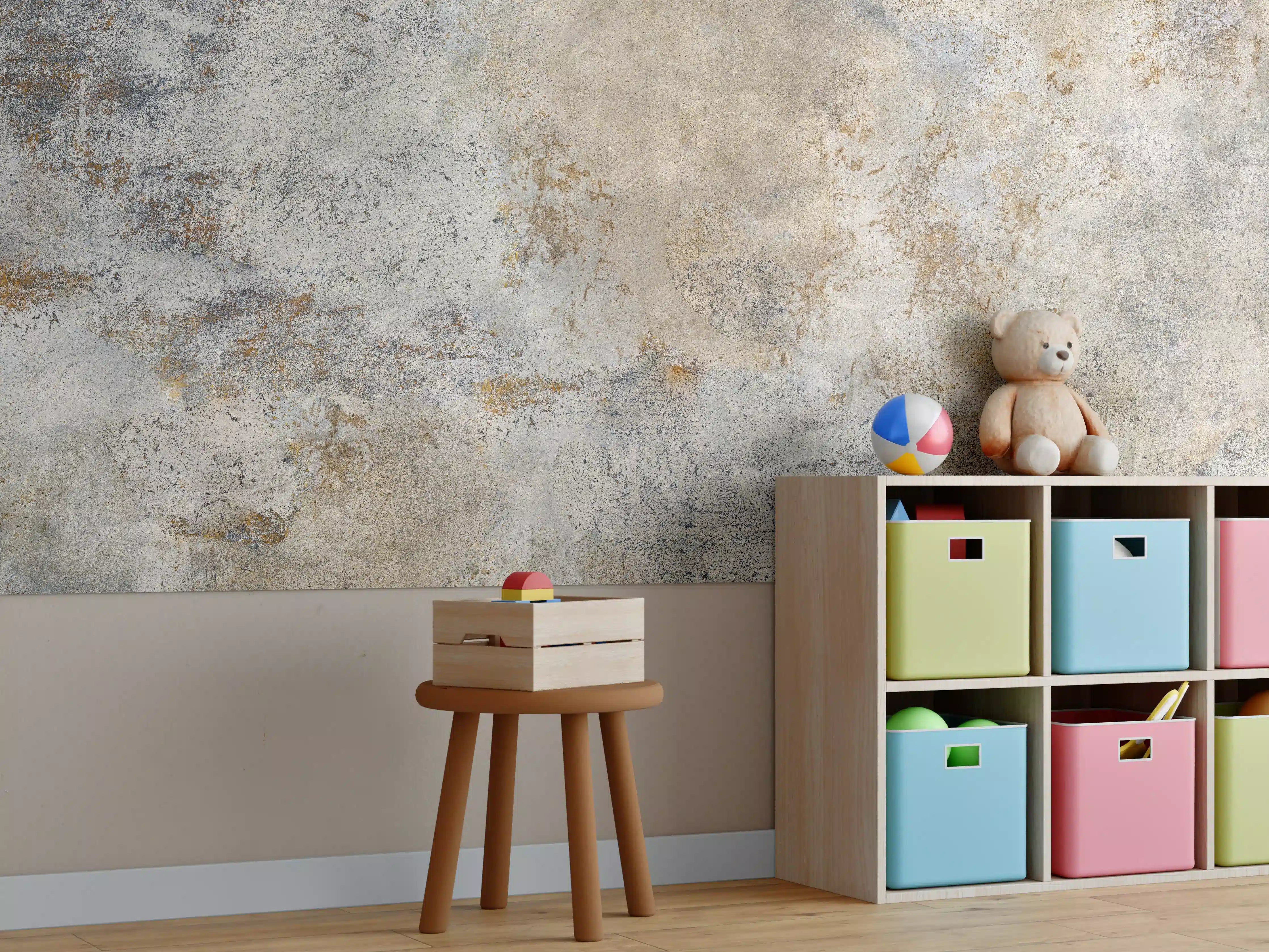Kinderzimmer Wandgestaltung - Rustikale Betonwand in Grau- und Beigetönen