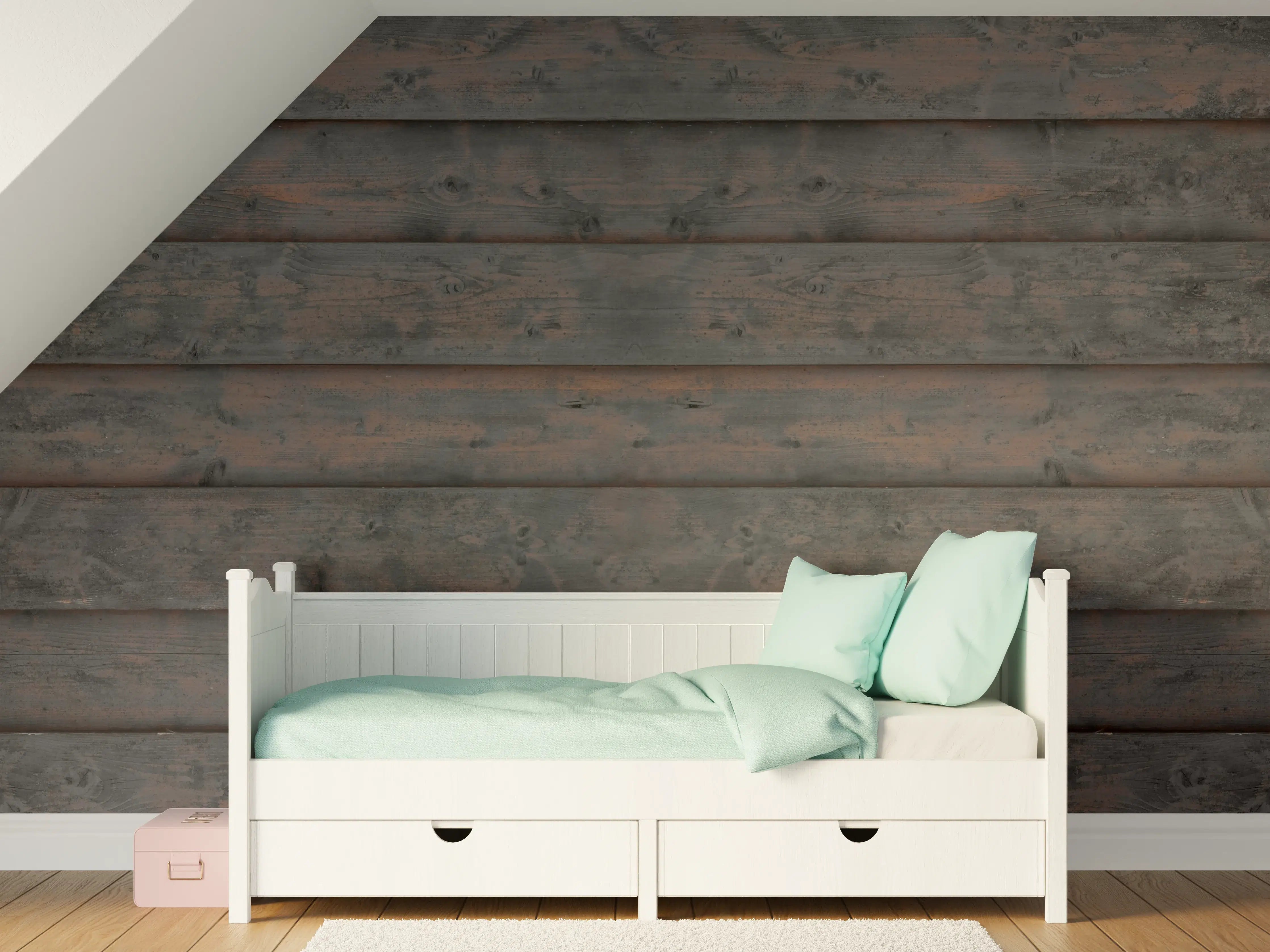 Kinderzimmer Wandgestaltung - Rustikale Holzbohlen in dunklem Braun