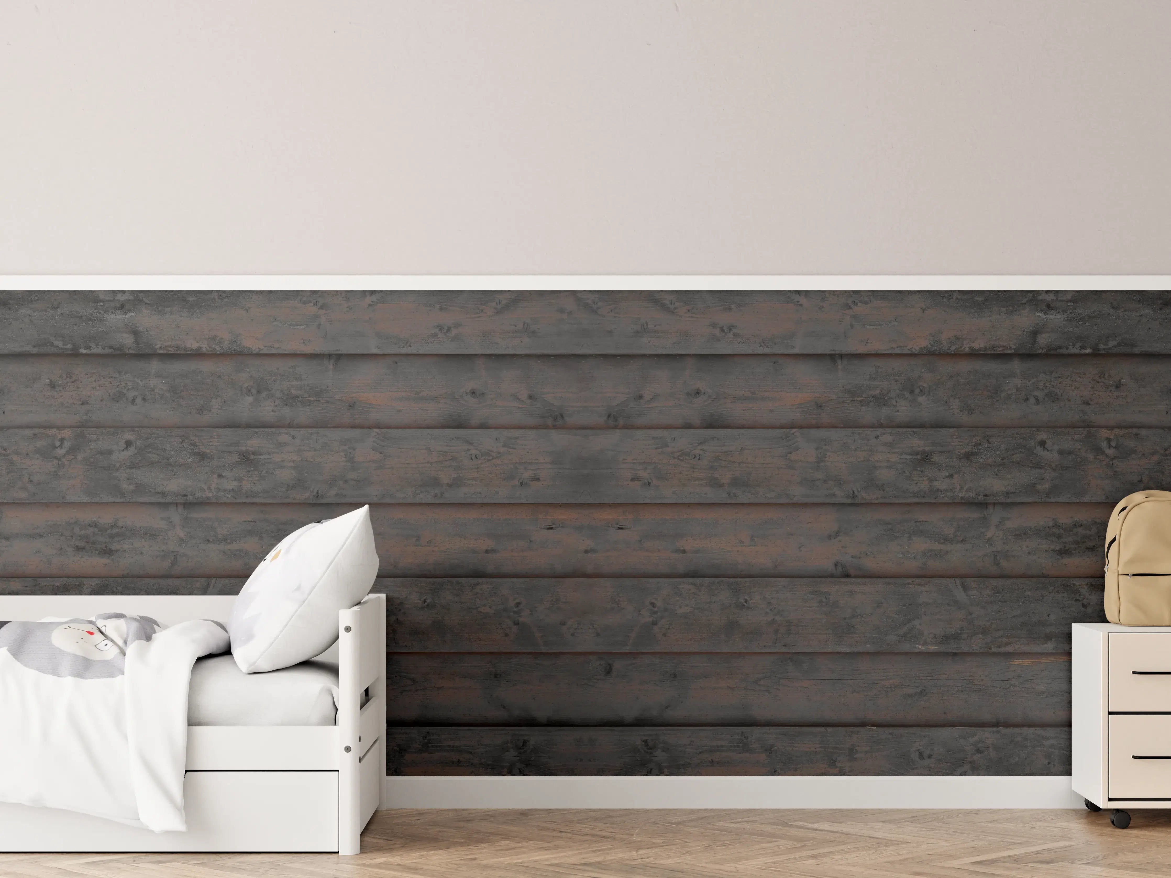 Kinderzimmer Wandgestaltung - Rustikale Holzbohlen in dunklem Braun