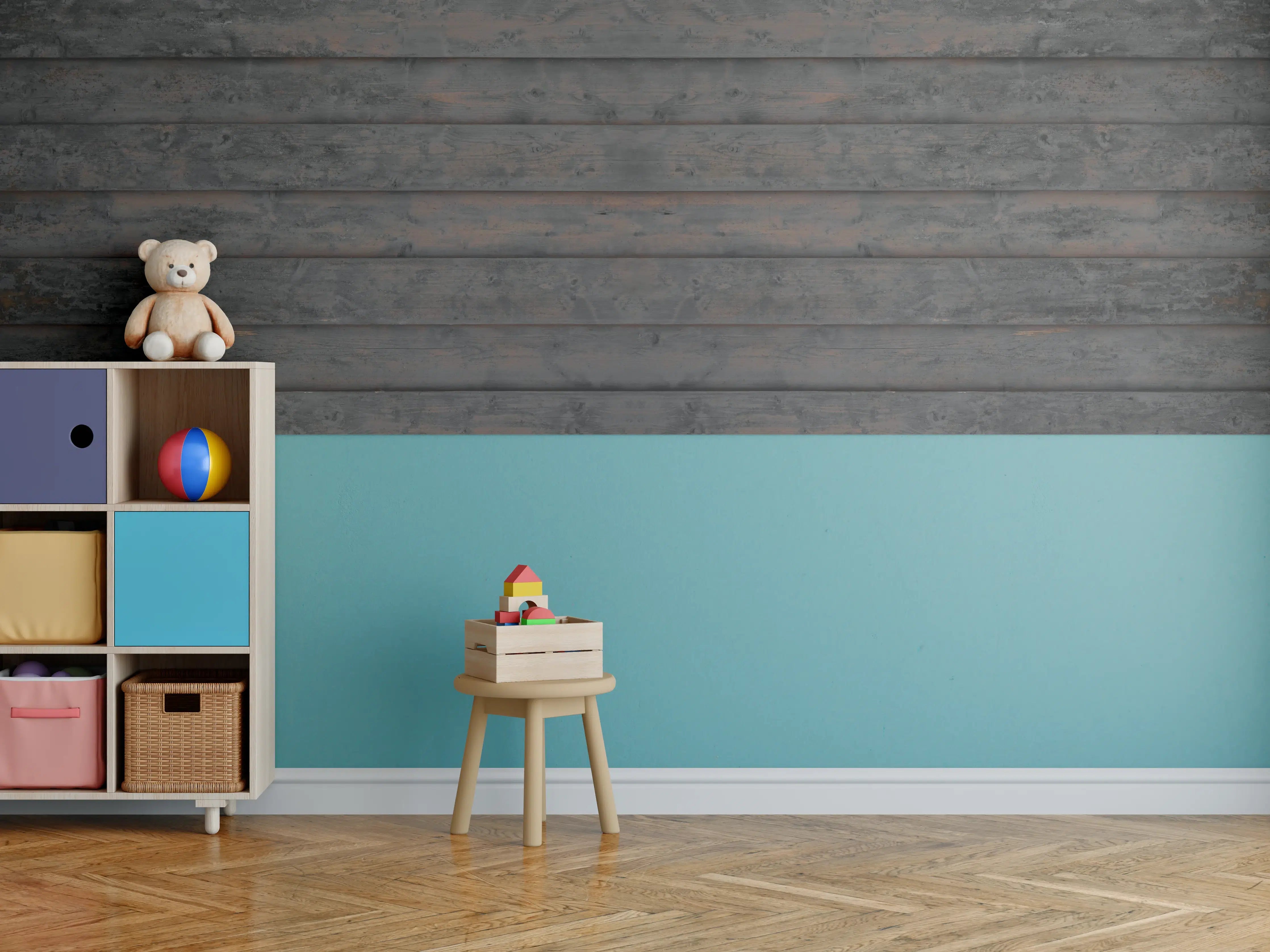 Kinderzimmer Wandgestaltung - Rustikale Holzbohlen in dunklem Braun