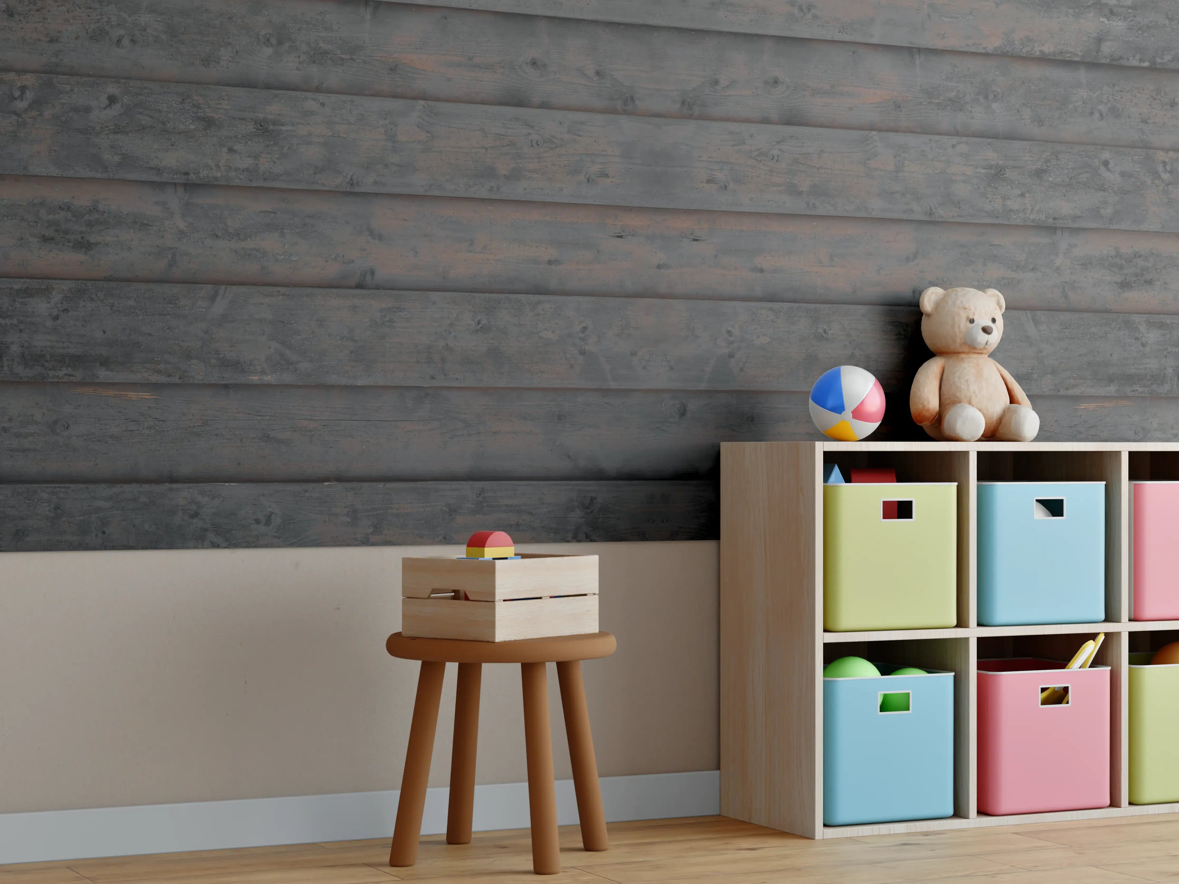 Kinderzimmer Wandgestaltung - Rustikale Holzbohlen in dunklem Braun