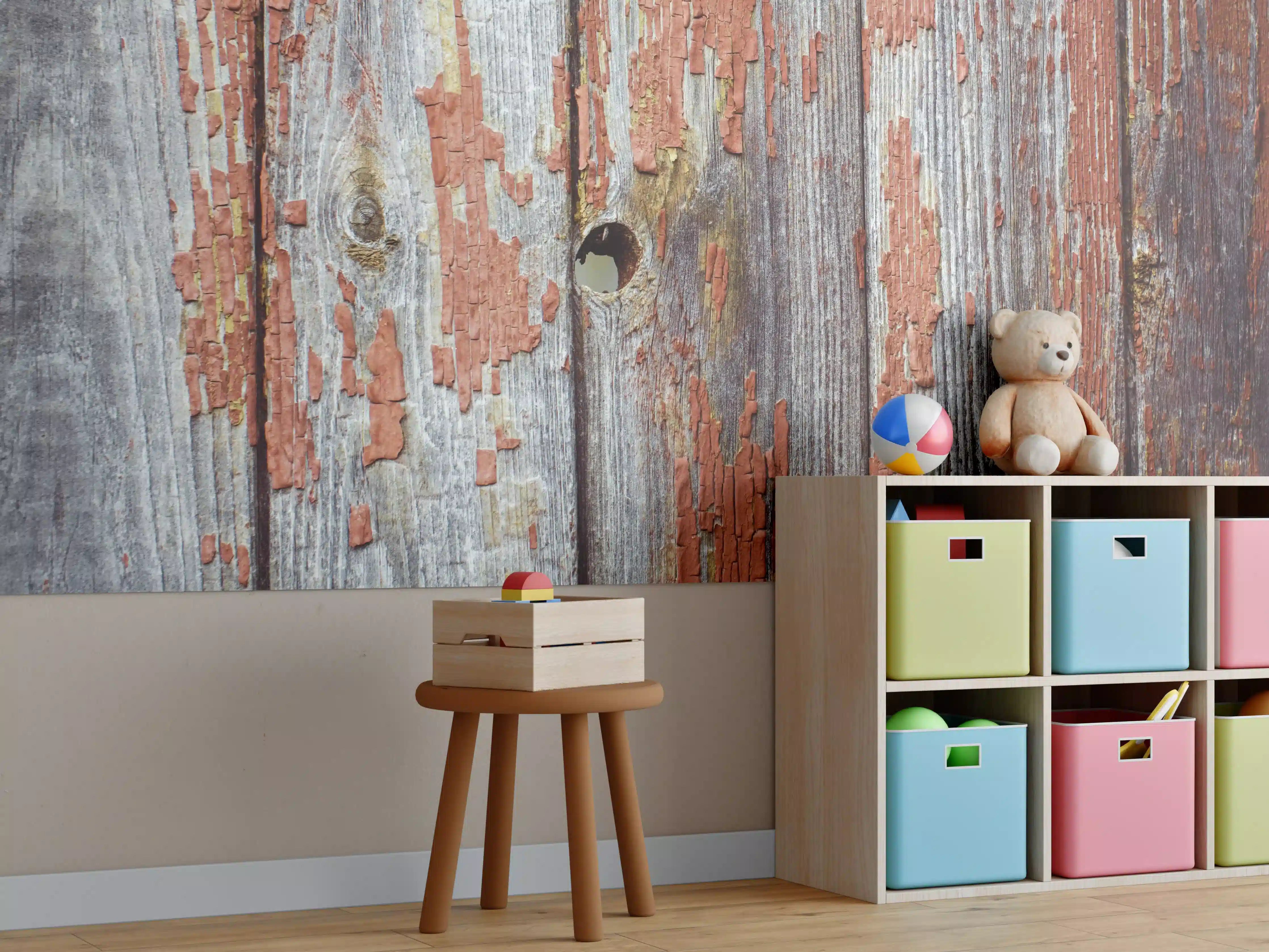 Kinderzimmer Wandgestaltung - Rustikale Holzbretter mit Loch