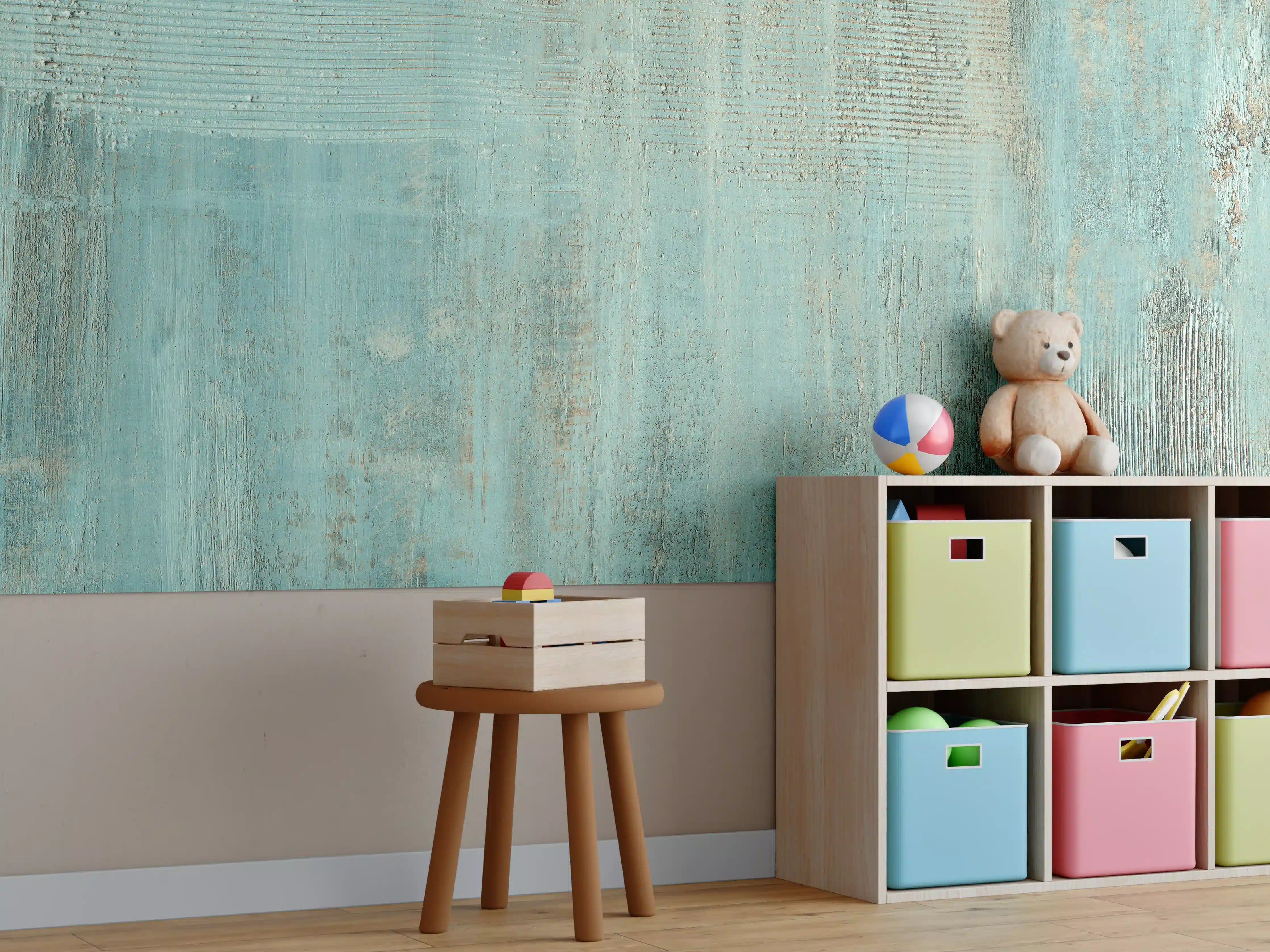 Kinderzimmer Wandgestaltung - Rustikales türkisfarbiges Holz