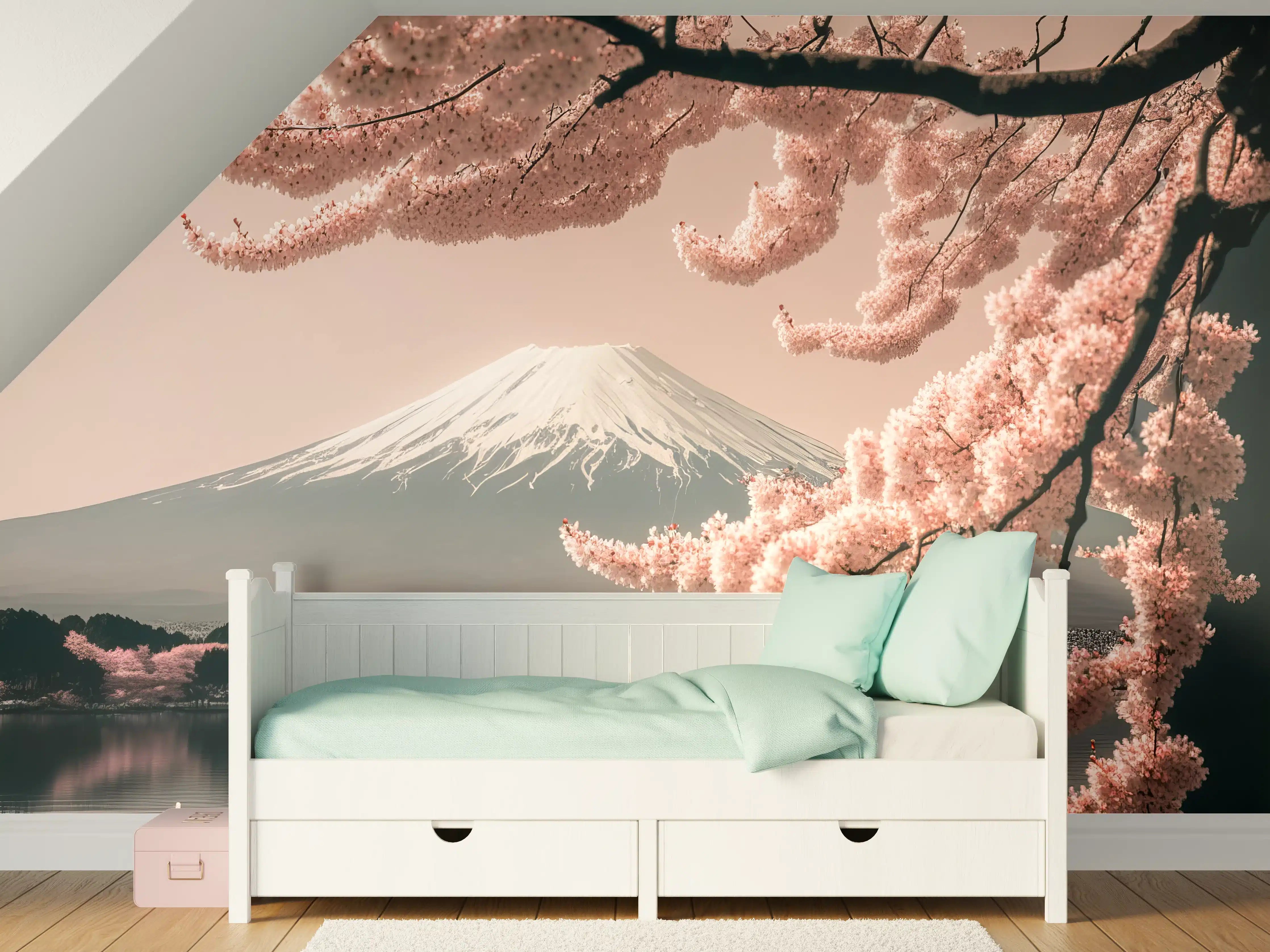 Kinderzimmer Wandgestaltung - Sakura Baum mit Fuji Berg im Hintergrund