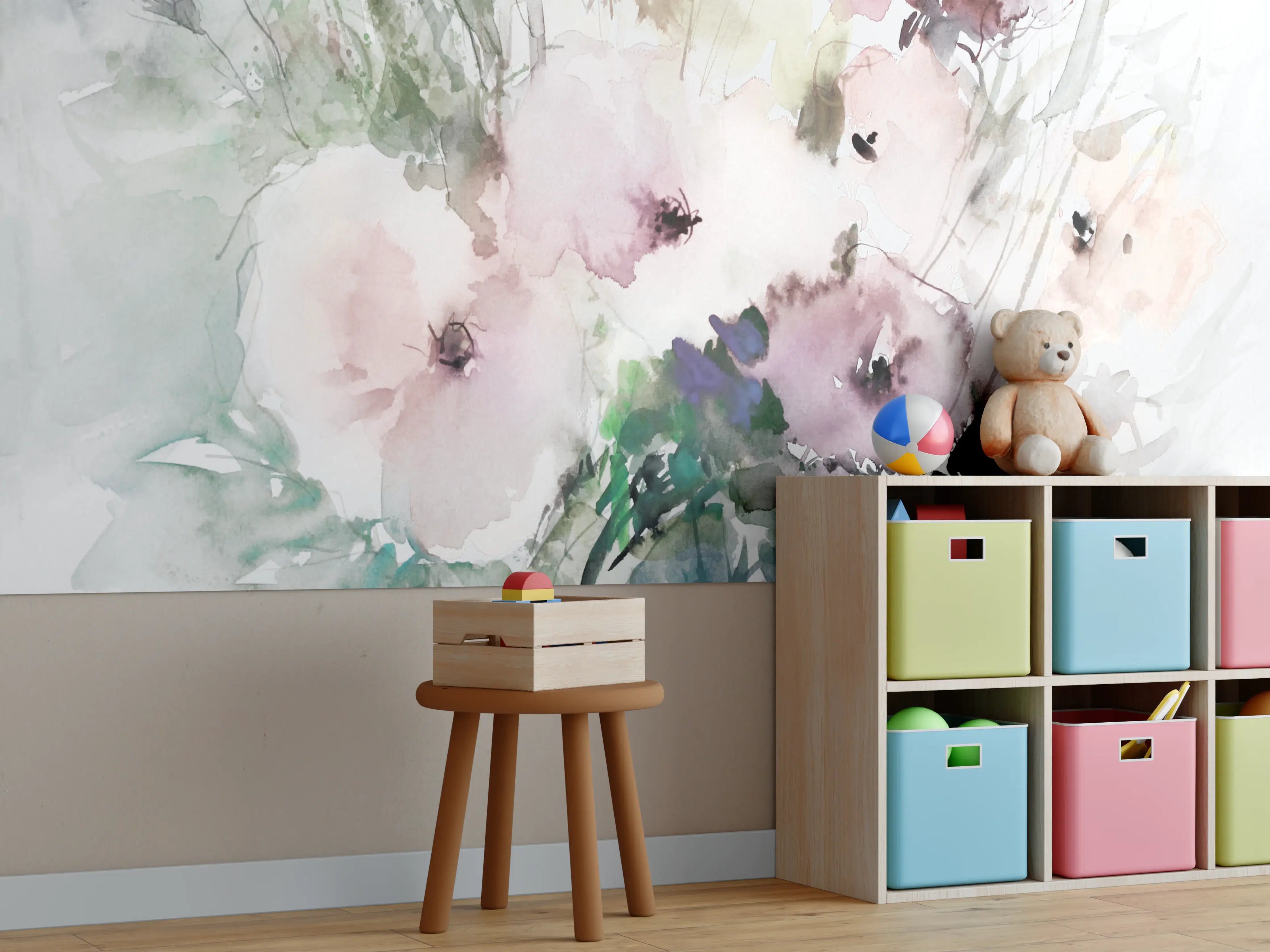 Kinderzimmer Wandgestaltung - Sanfte Aquarell-Blumen in Pastellfarben
