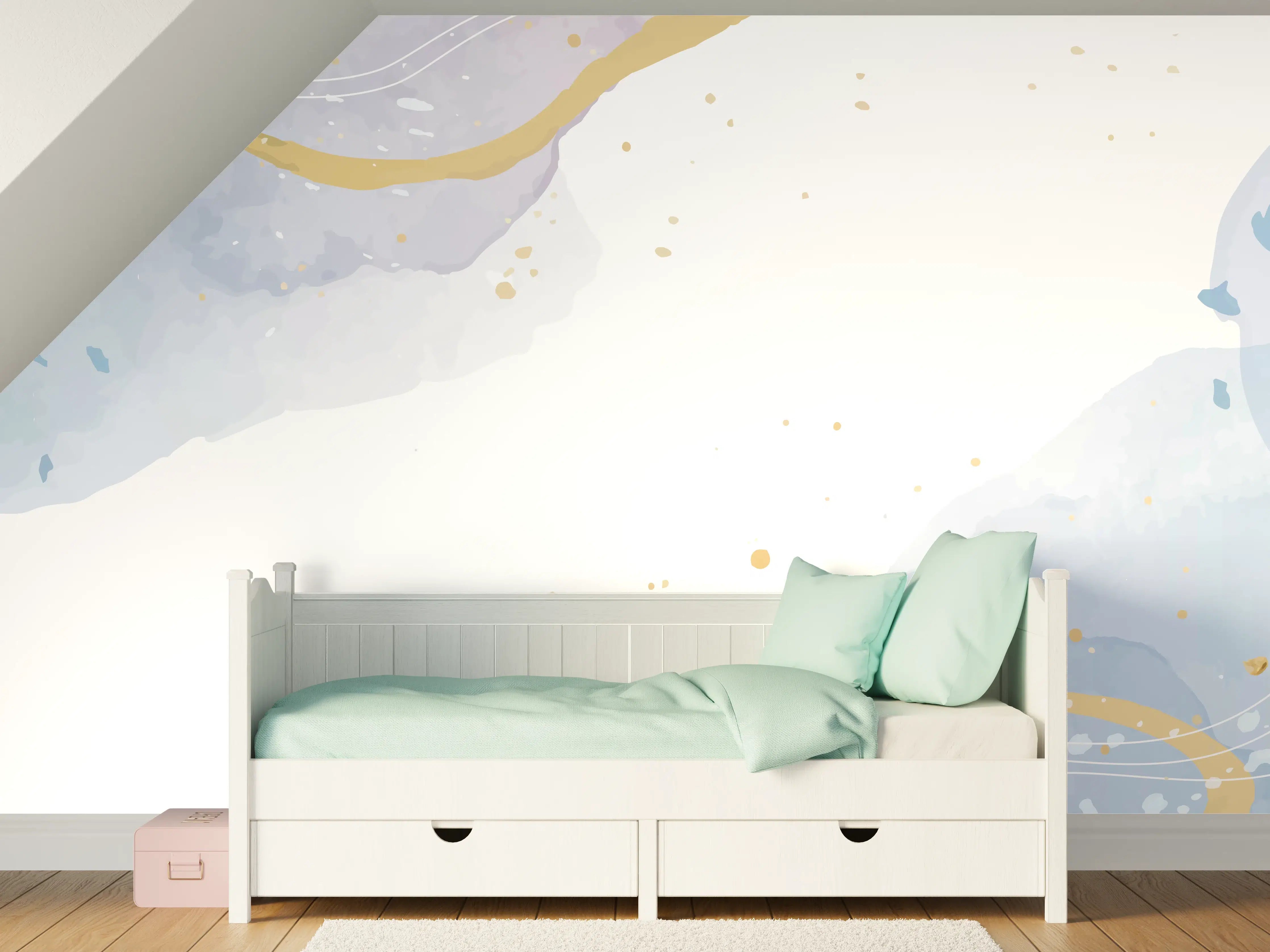 Kinderzimmer Wandgestaltung - Sanfte Aquarellkunst mit blauen und grauen Akzenten