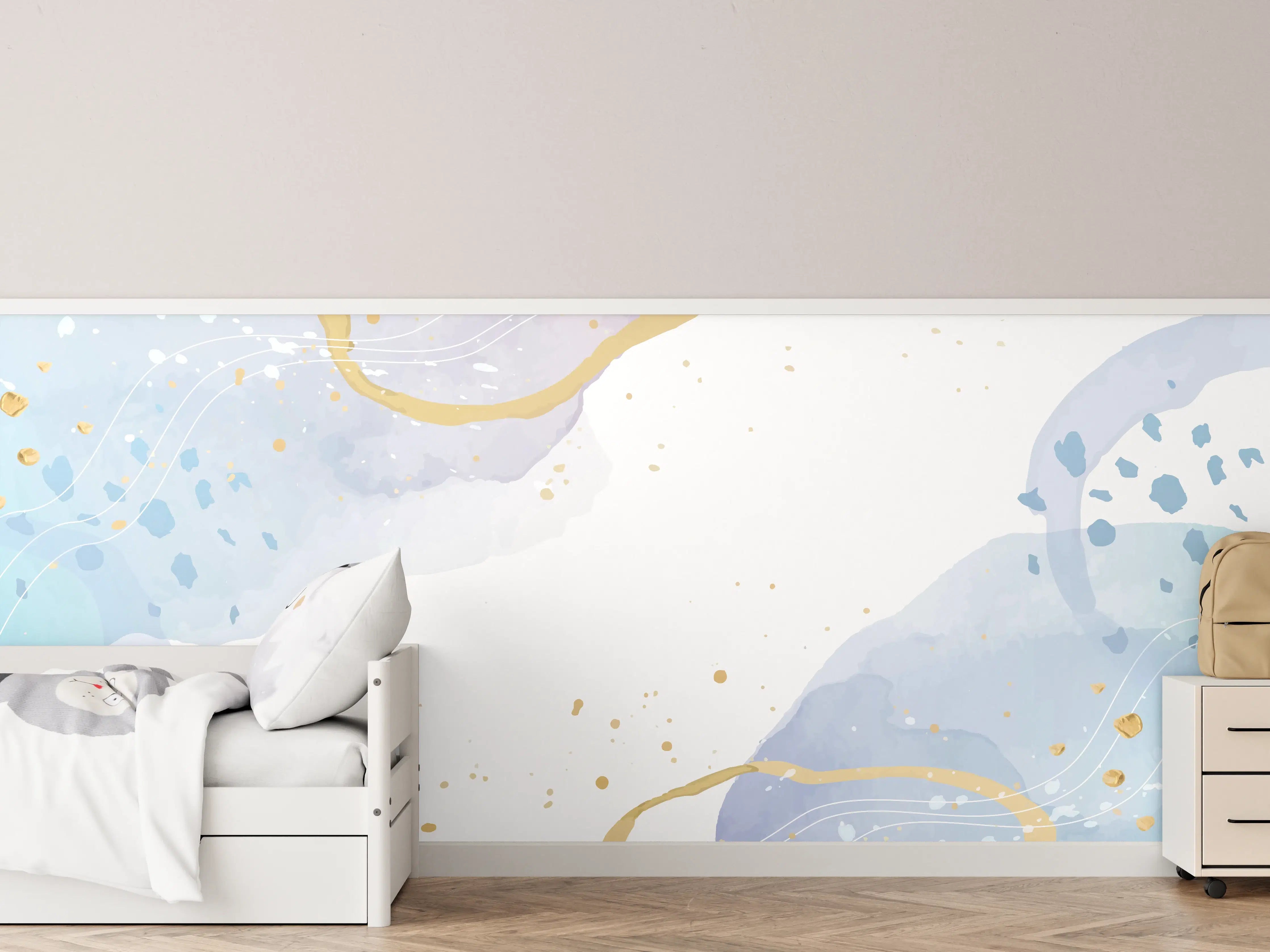 Kinderzimmer Wandgestaltung - Sanfte Aquarellkunst mit blauen und grauen Akzenten