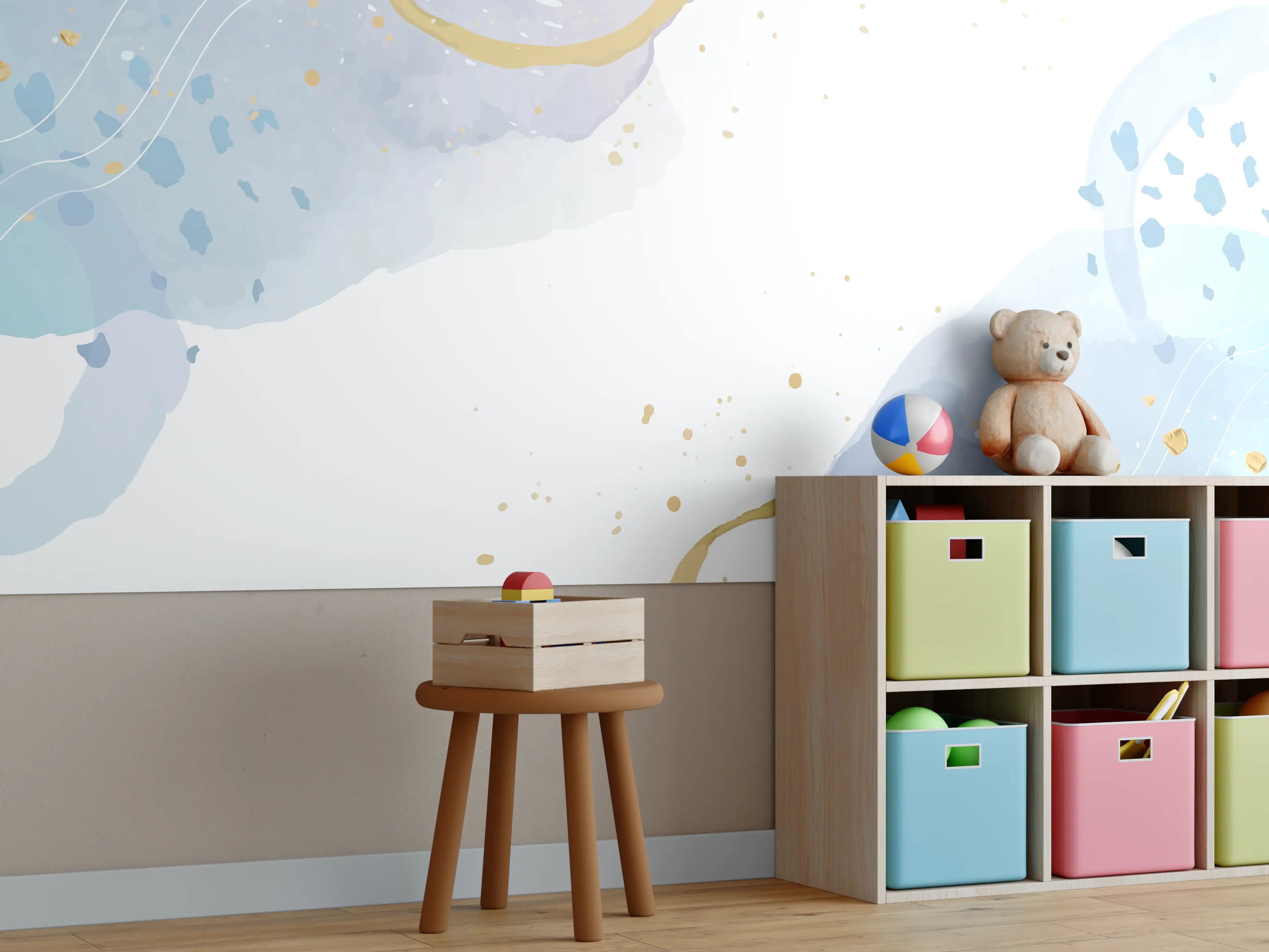 Kinderzimmer Wandgestaltung - Sanfte Aquarellkunst mit blauen und grauen Akzenten